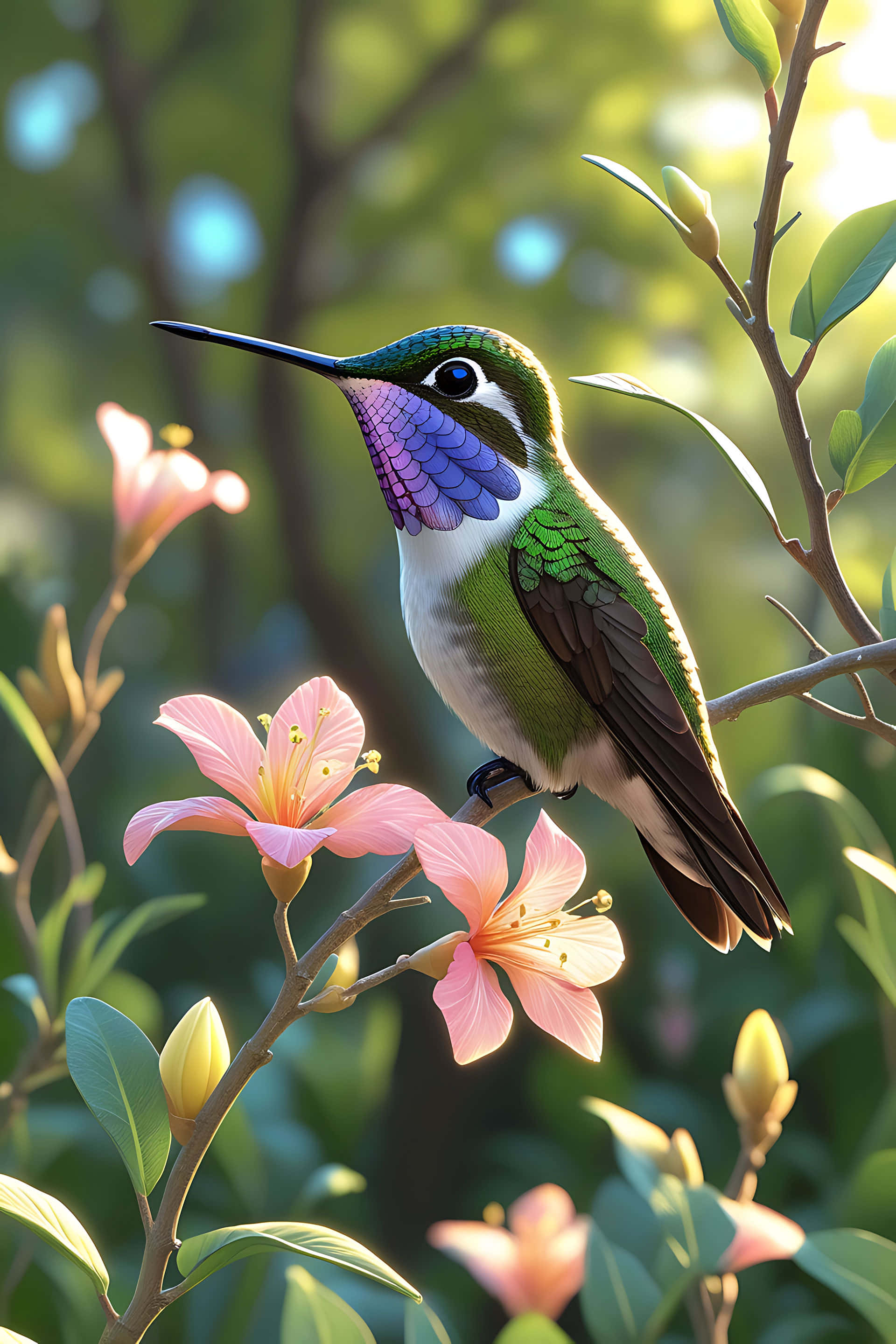 hummingbird, pink flowers, iridescent purple throat, 2K Phone Wallpaper