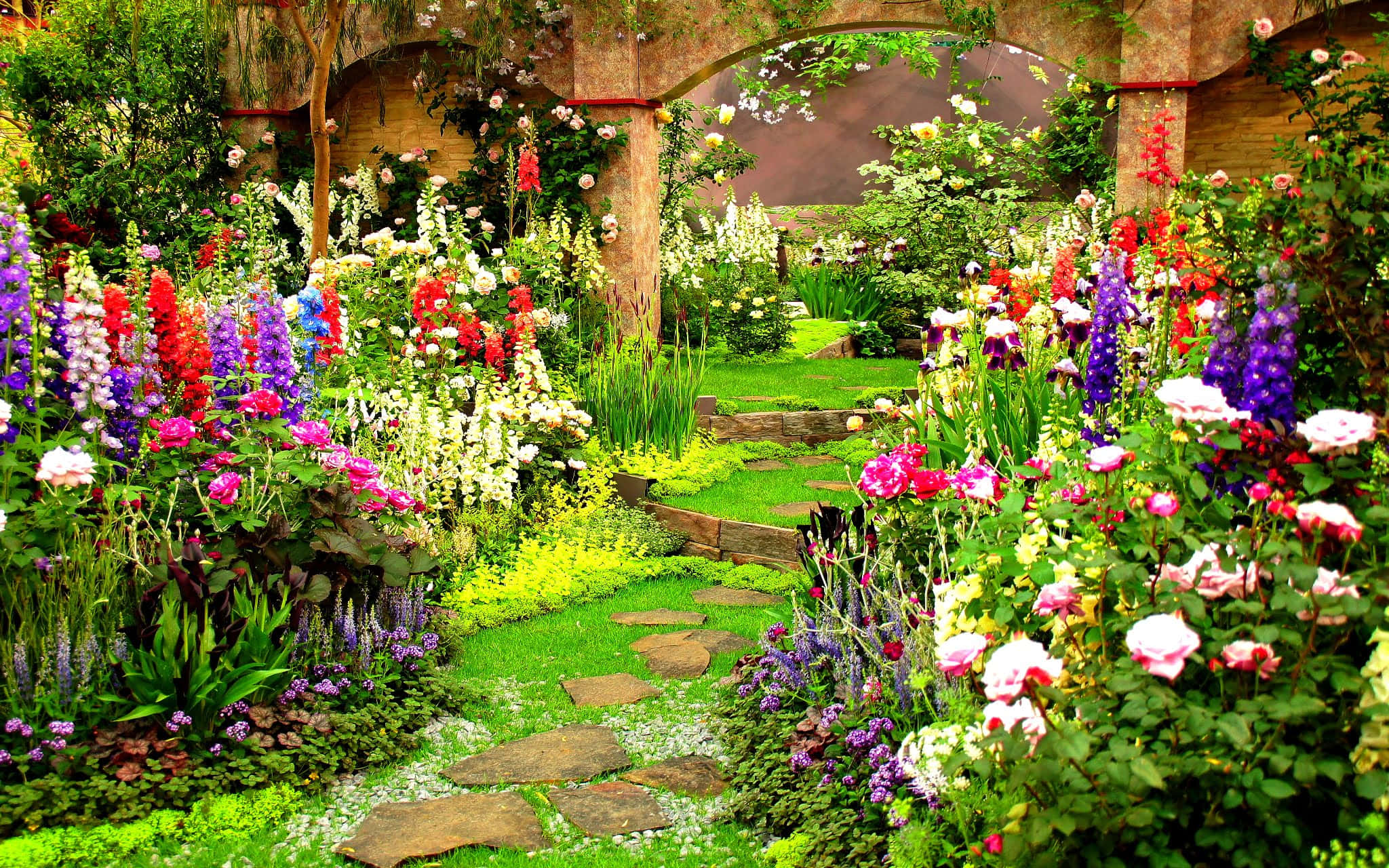 Garden Pathway, colorful flowers, stone slabs, Full HD Desktop Wallpaper