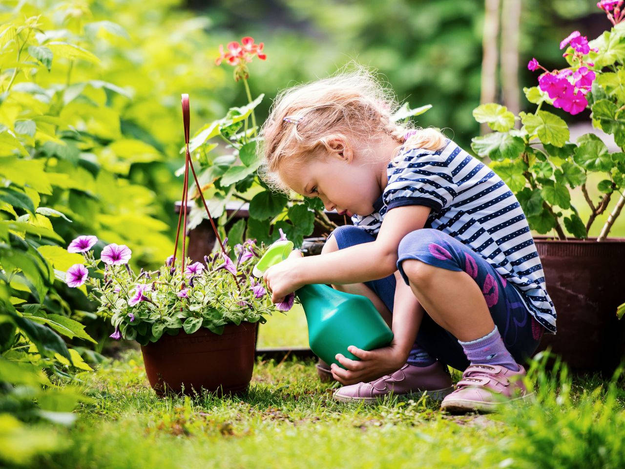 little girl, striped shirt, sunlit garden, HD Desktop Wallpaper