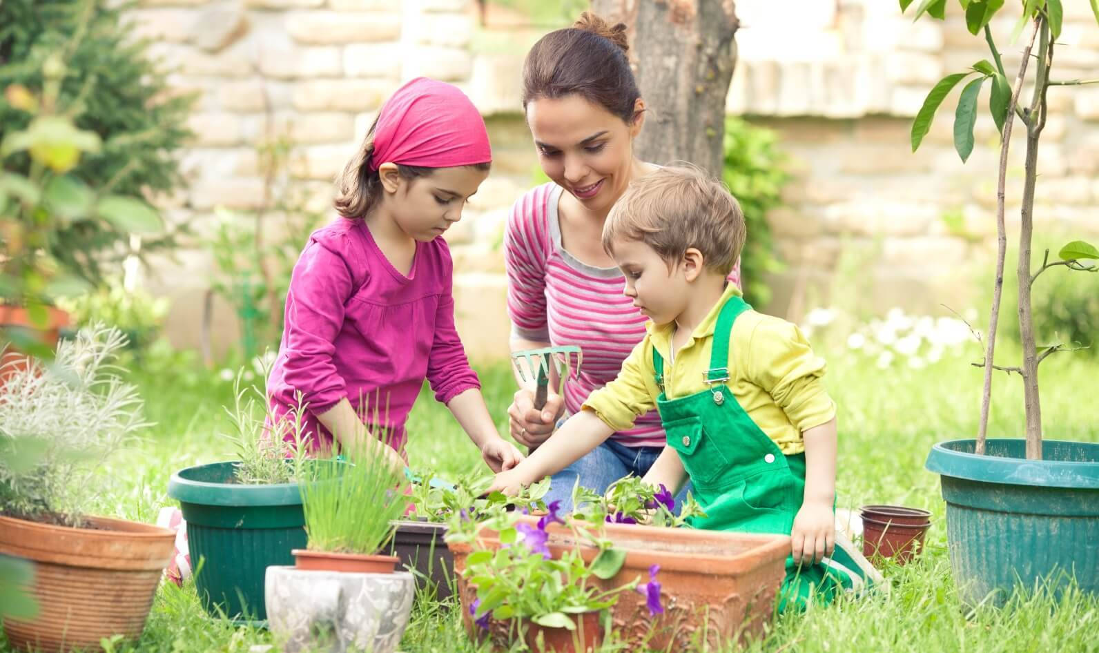mother, children, potted plants, HD Desktop Wallpaper