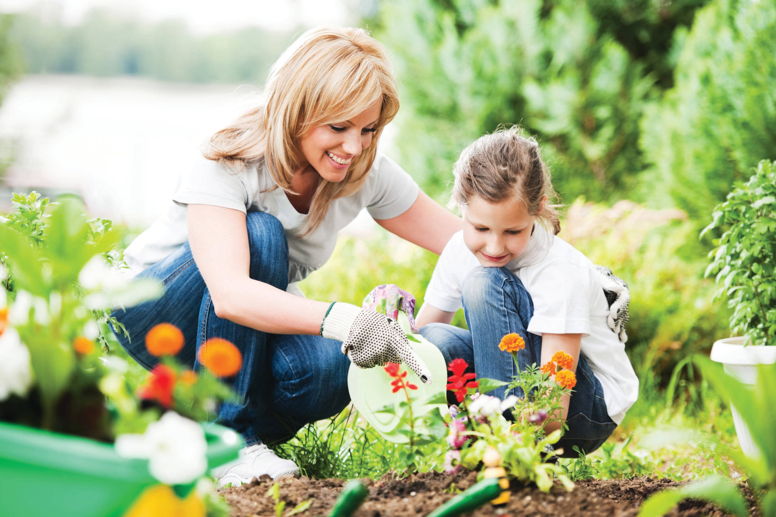 mother and child, vibrant garden, colorful flowers, 2K Desktop Wallpaper