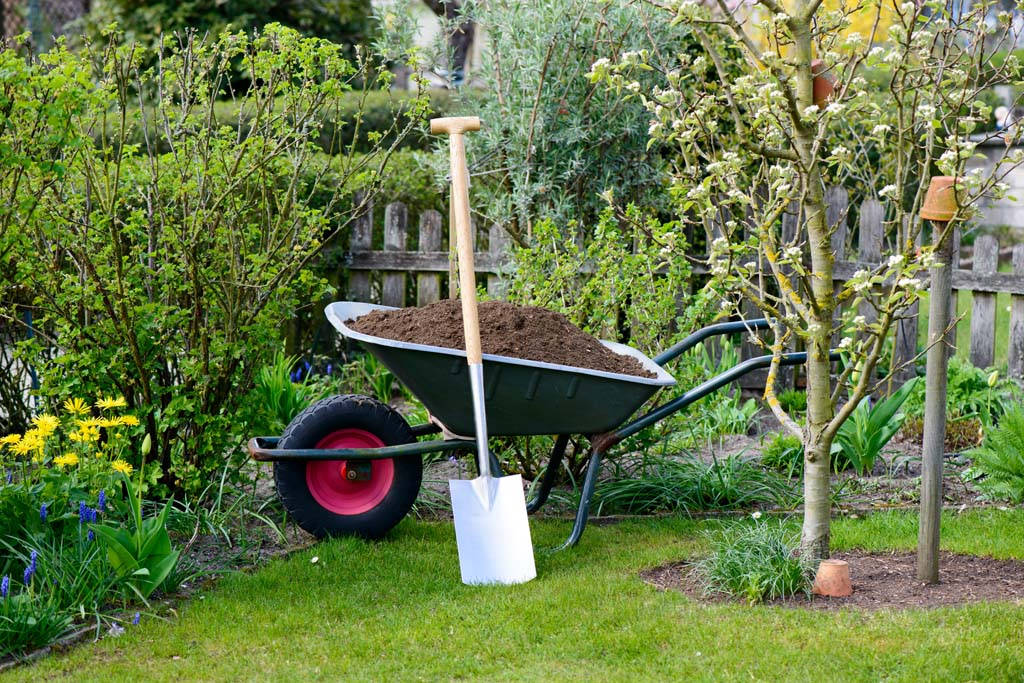 Gardener Tools, wheelbarrow, shovel, SD Desktop Wallpaper