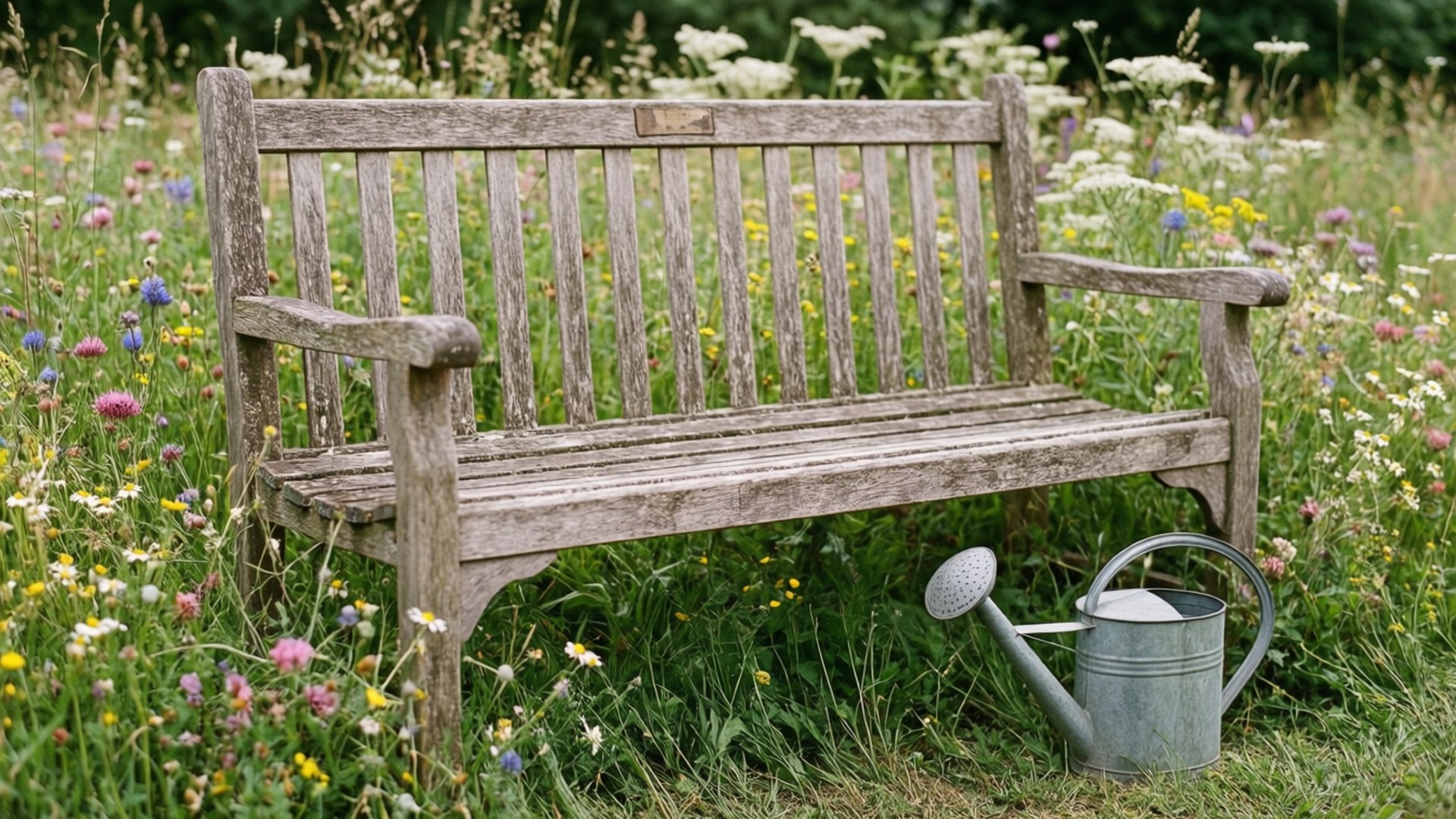 vintage garden bench, wooden bench, vibrant meadow, Full HD Desktop Wallpaper
