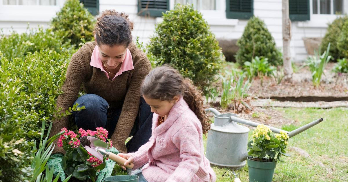 smiling mother and daughter, pink flowers, sunny garden, SD Desktop Wallpaper