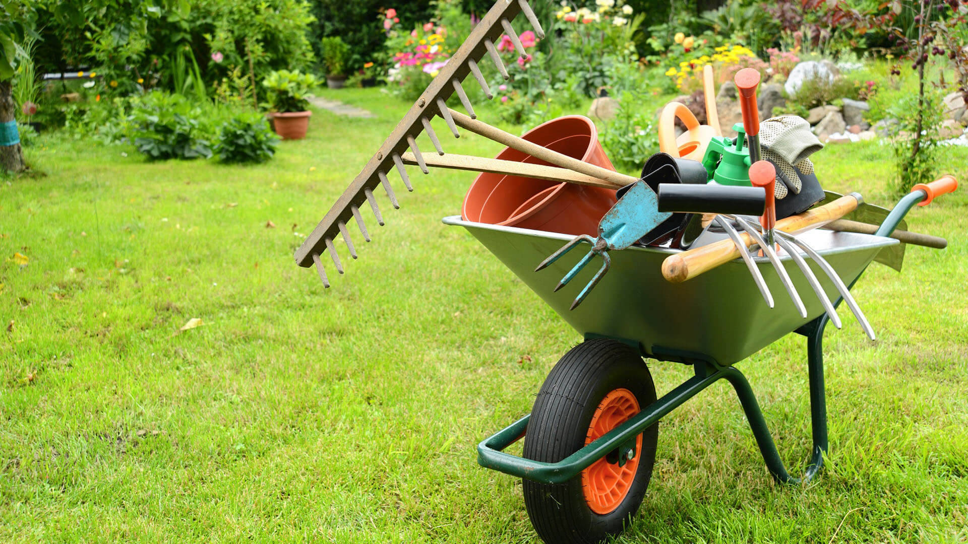 green wheelbarrow, gardening tools, lush green lawn, Full HD Desktop Wallpaper