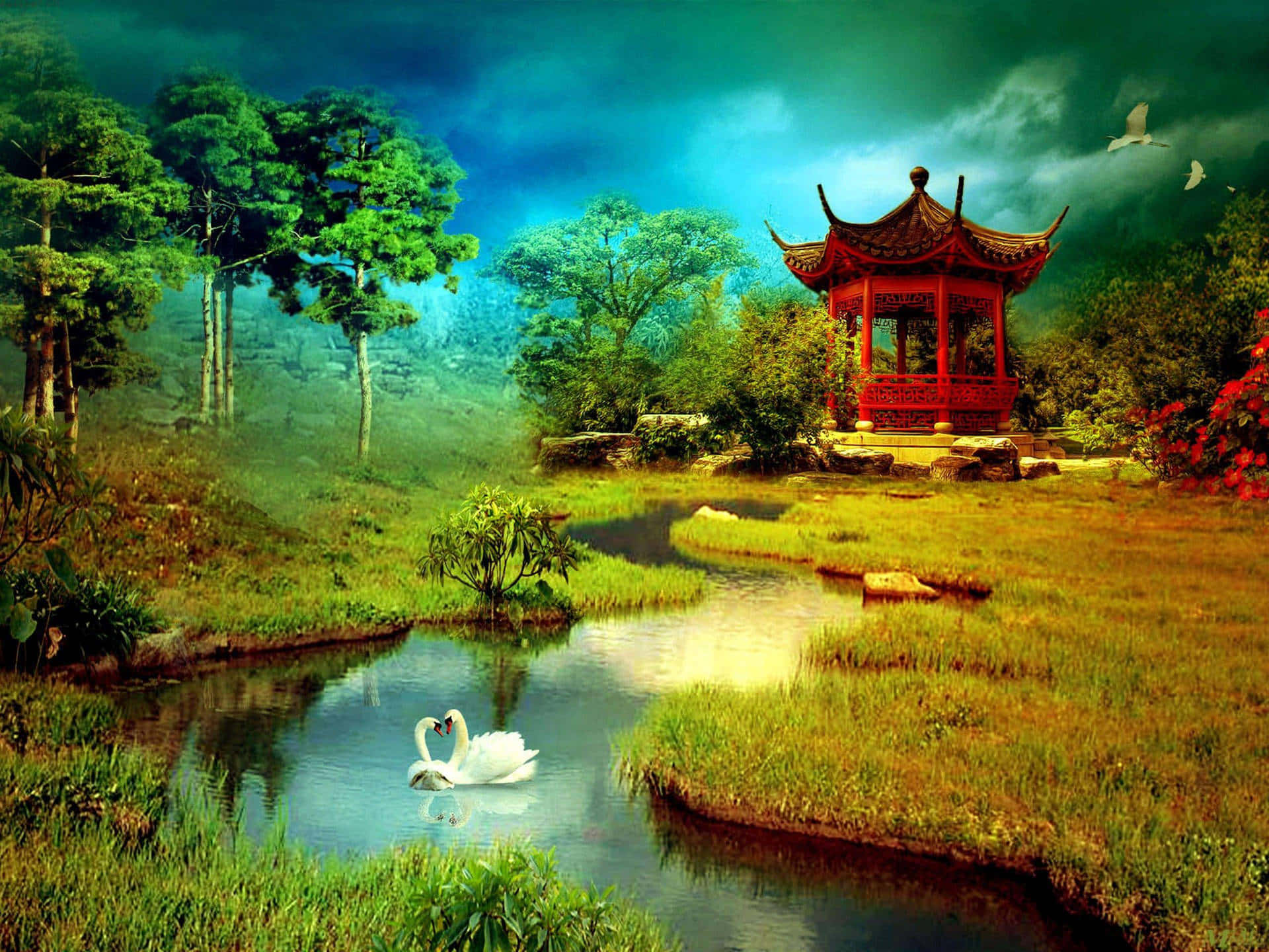 enchanted asian garden scene, red pagoda, serene pond, Full HD Desktop Wallpaper