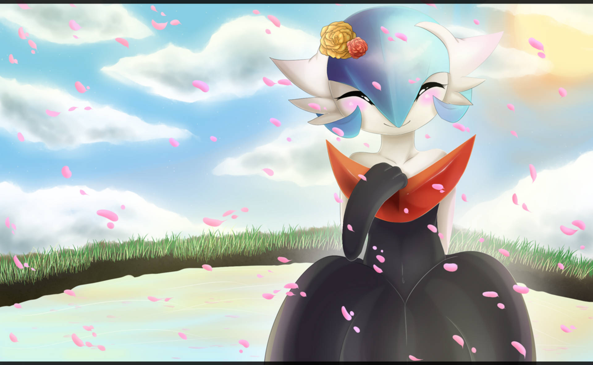 Gardevoir, sakura flowers, blue and white hair, Full HD Desktop Wallpaper