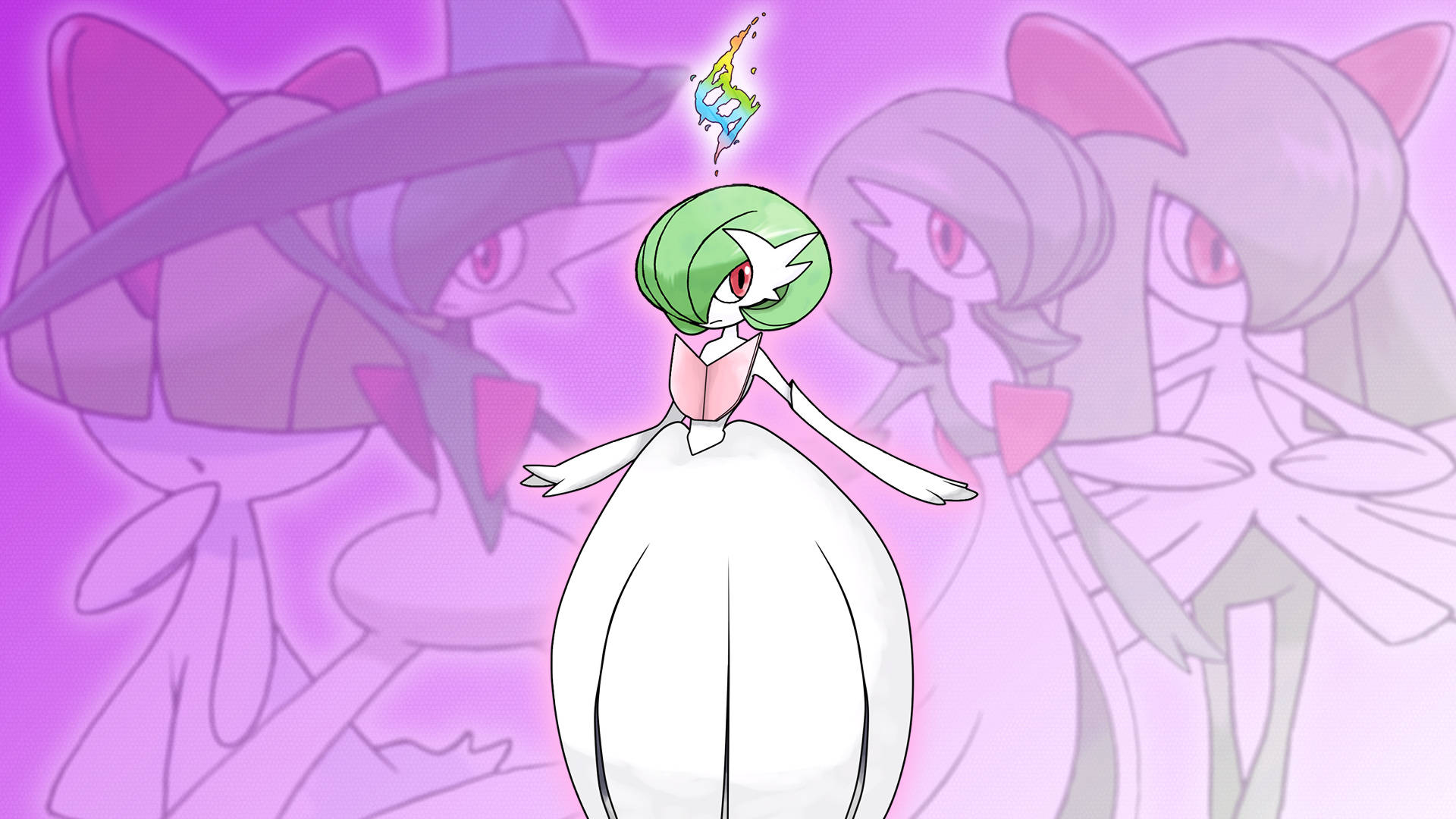 Gardevoir, glowing green-haired anime girl, white dress, Full HD Desktop Wallpaper