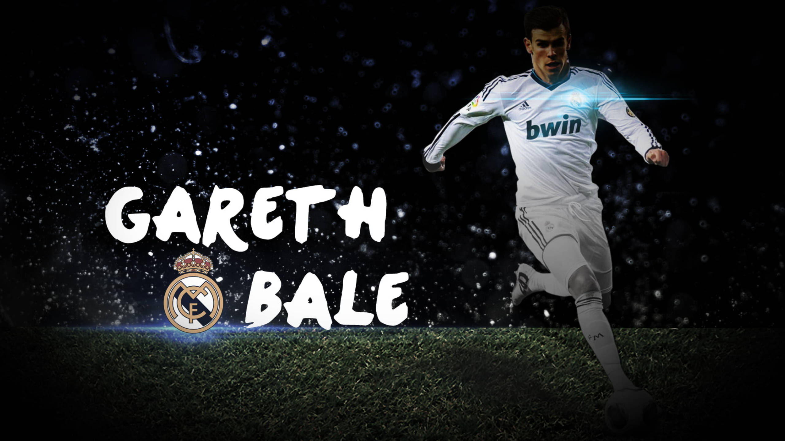 Gareth Bale, white Real Madrid kit, grass field, 2K Desktop Wallpaper