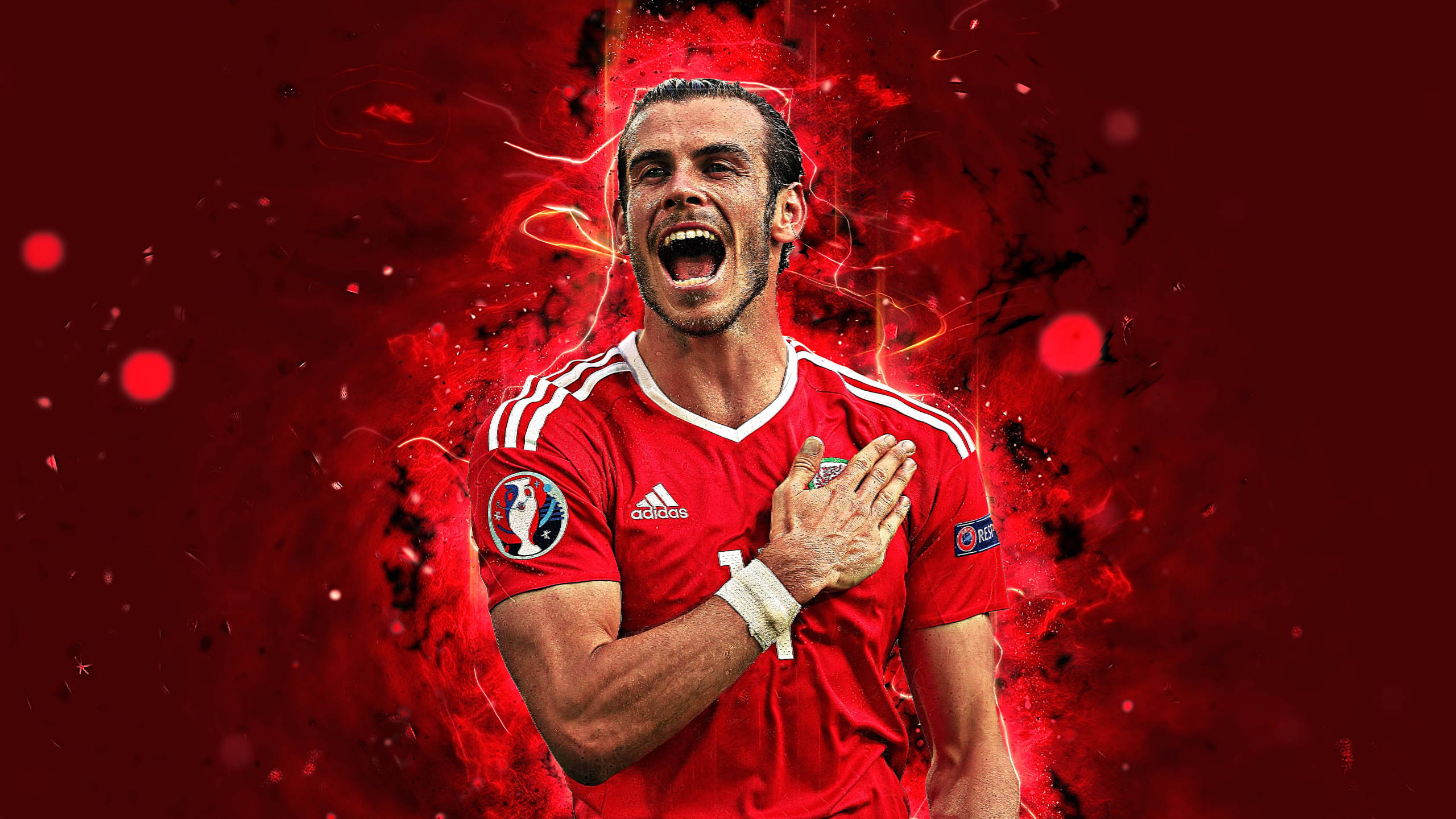 Gareth Bale, red jersey, fiery red abstract background, 2K Desktop Wallpaper