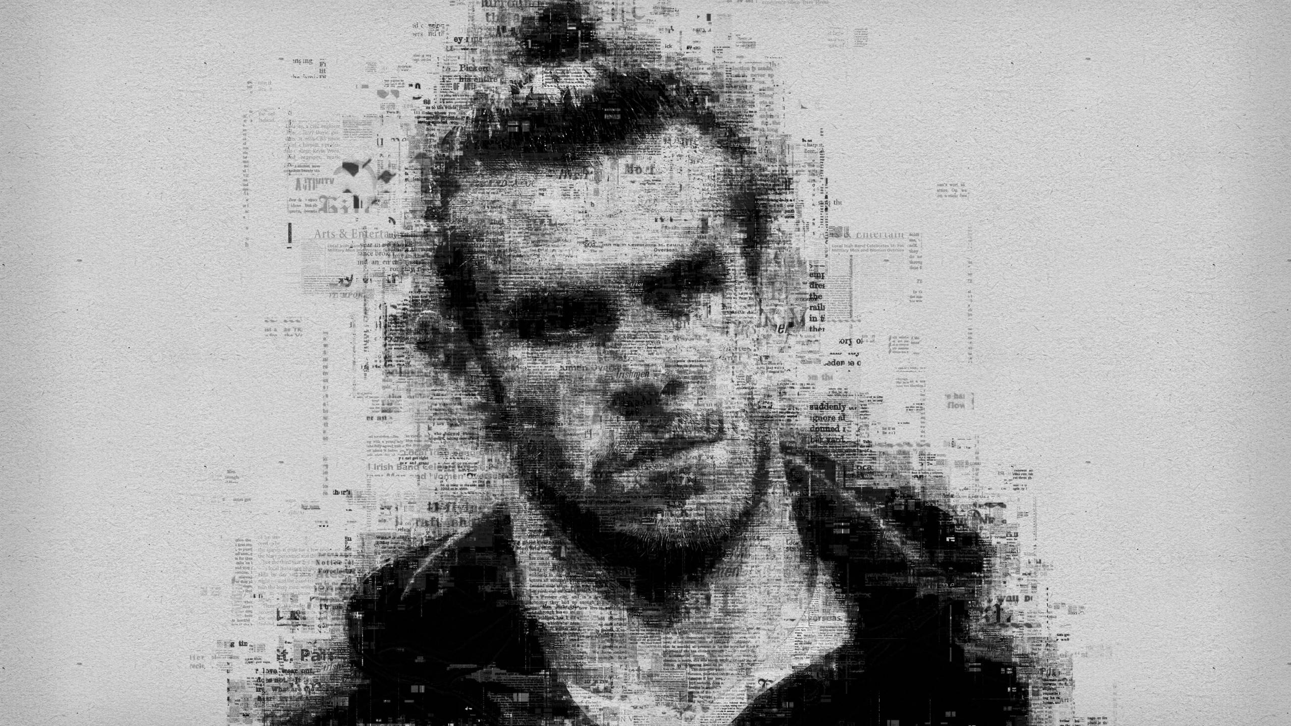Gareth Bale, monochrome portrait, fragmented newspaper text, 2K Desktop Wallpaper