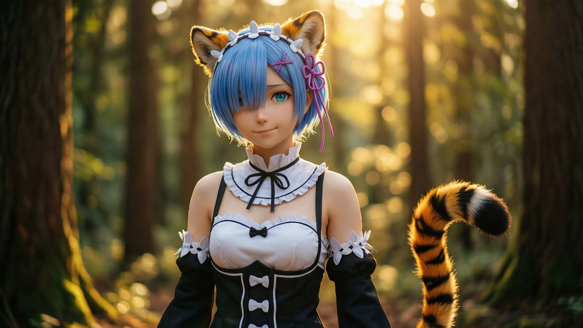 Sunlit Forest Garfiel, blue-haired anime girl, tiger ears, Full HD Desktop Wallpaper