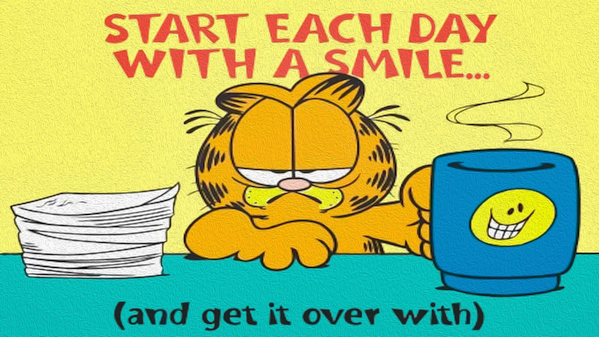 Garfield, steaming mug, stack of papers, Full HD Desktop Wallpaper
