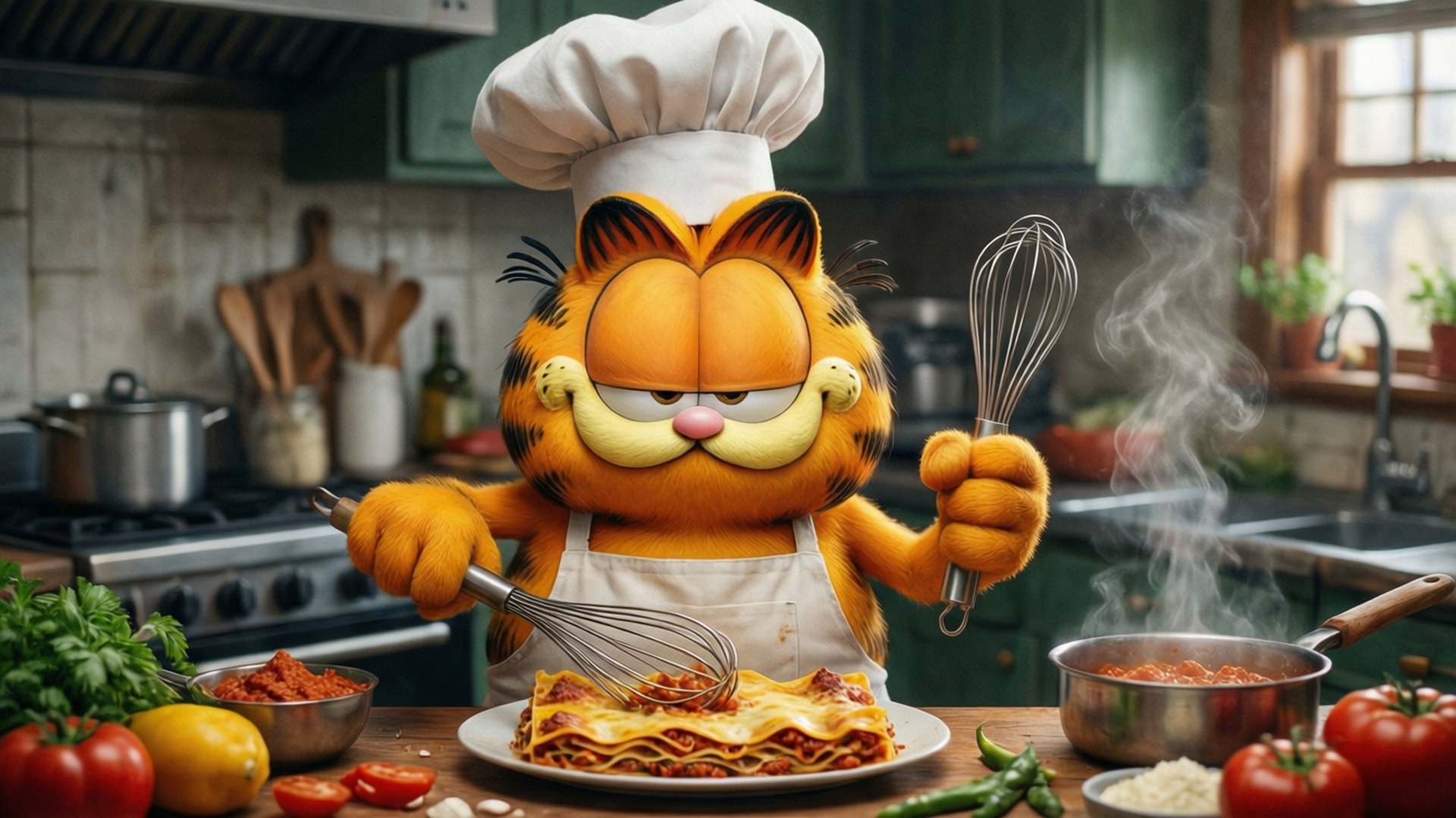 Garfield, orange cat, chef hat, Full HD Desktop Wallpaper