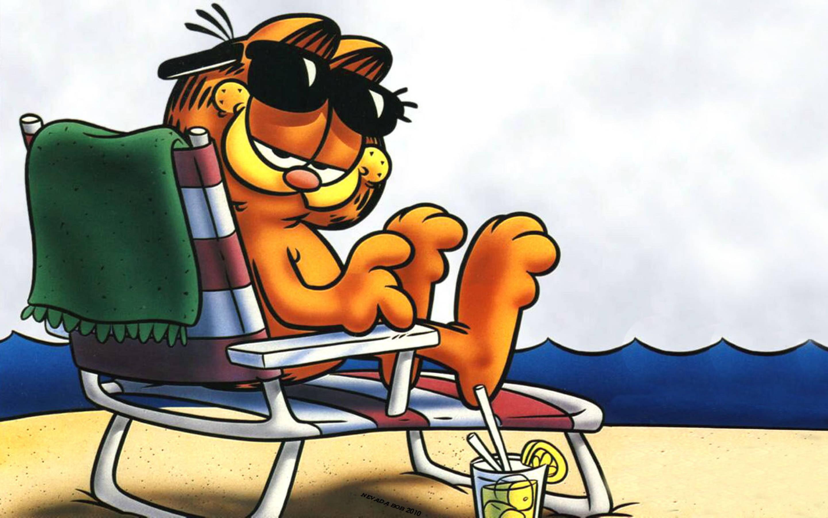 Garfield, beach chair, sunglasses, 2K Desktop Wallpaper