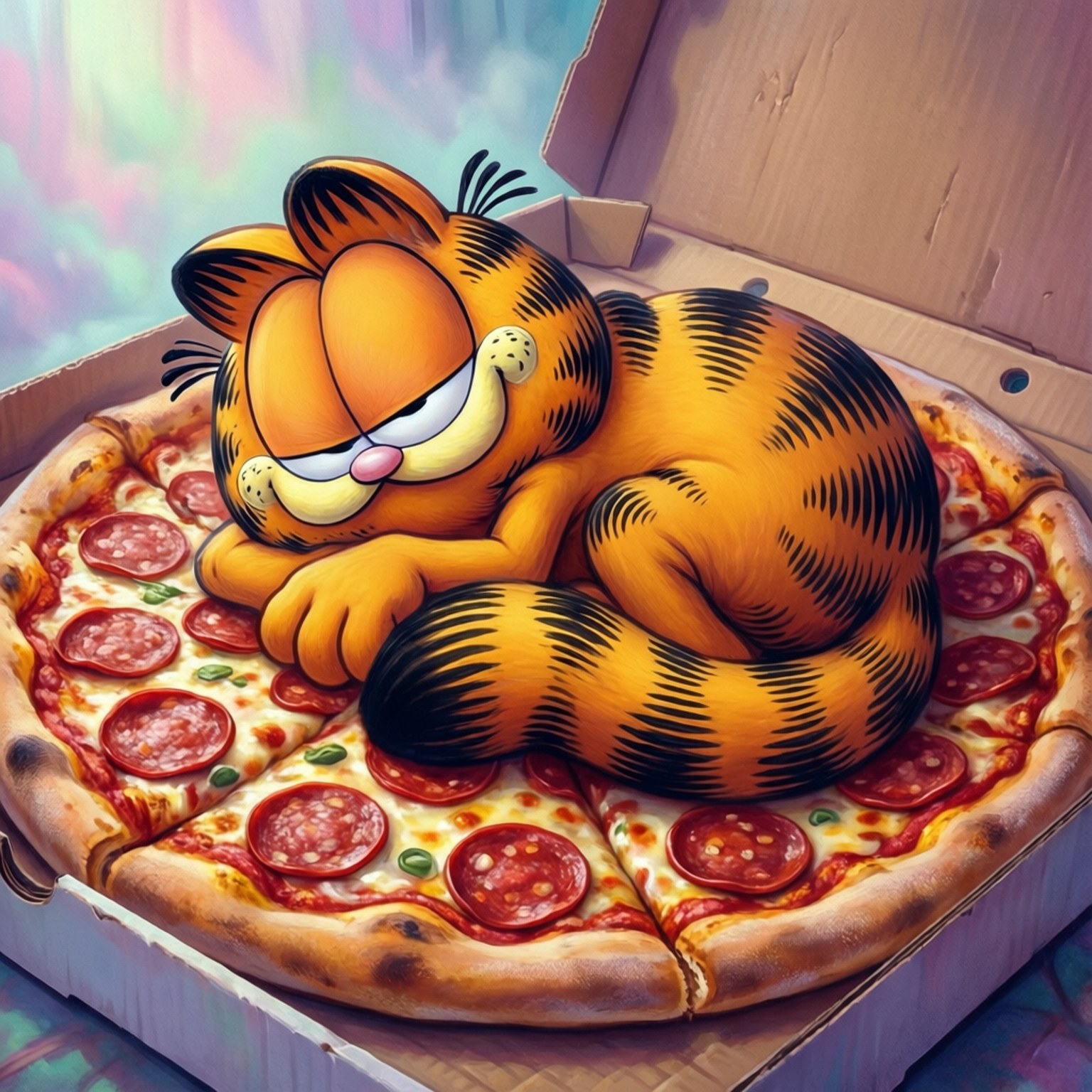 Garfield, orange tabby cat, pepperoni pizza, HD Desktop Wallpaper