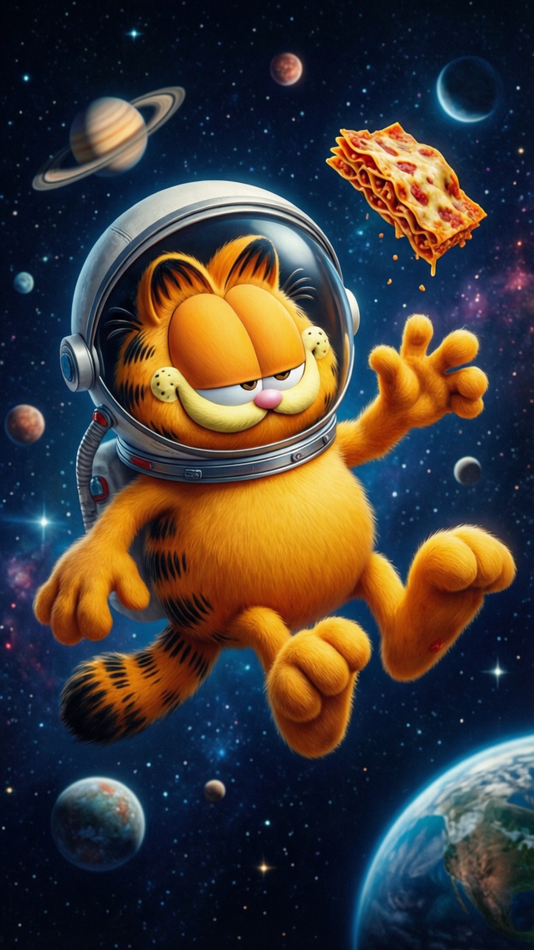 Garfield, spacesuit, pepperoni pizza, Full HD Phone Wallpaper