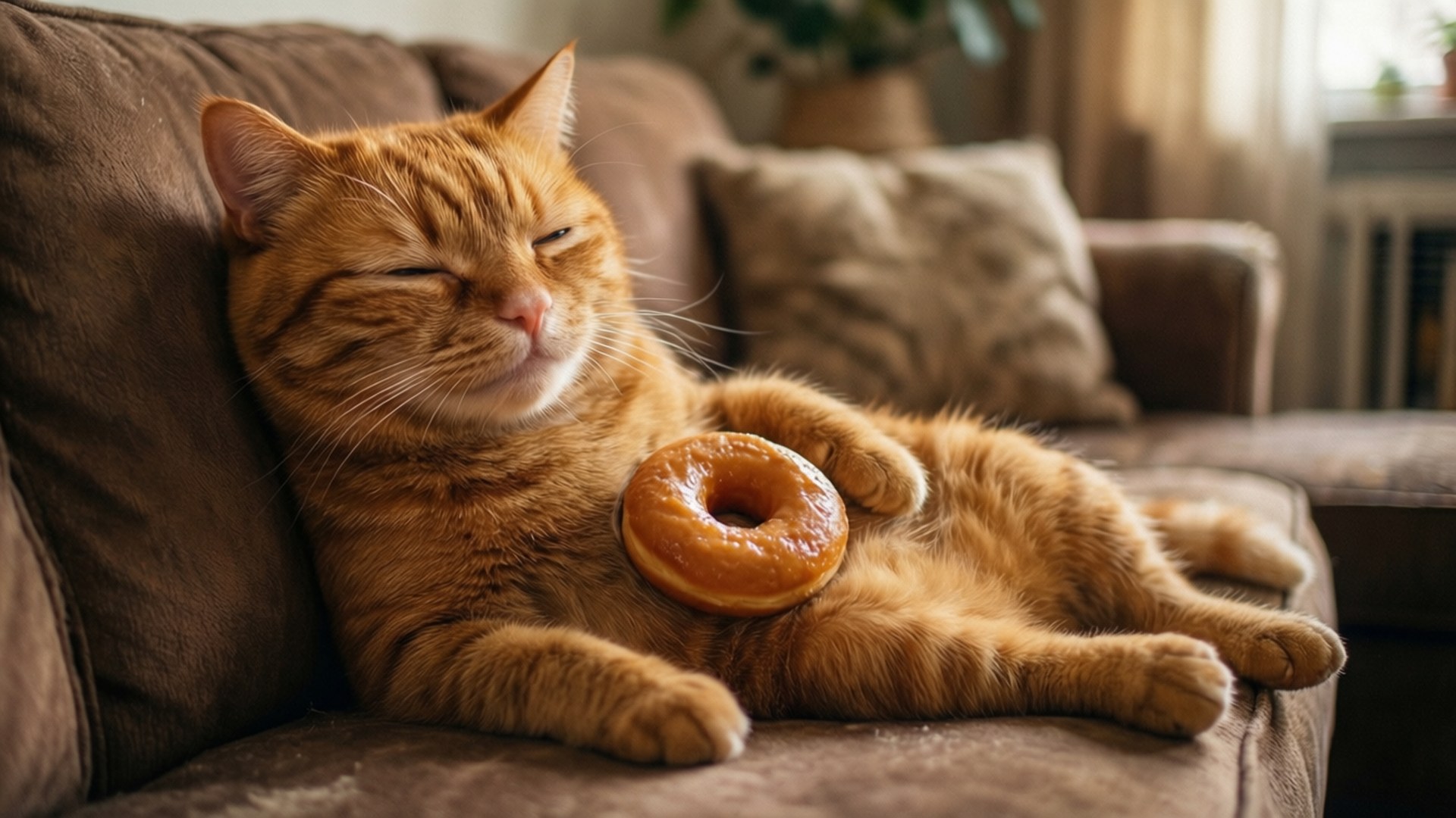 Garfield, fluffy orange tabby cat, brown couch, Full HD Desktop Wallpaper