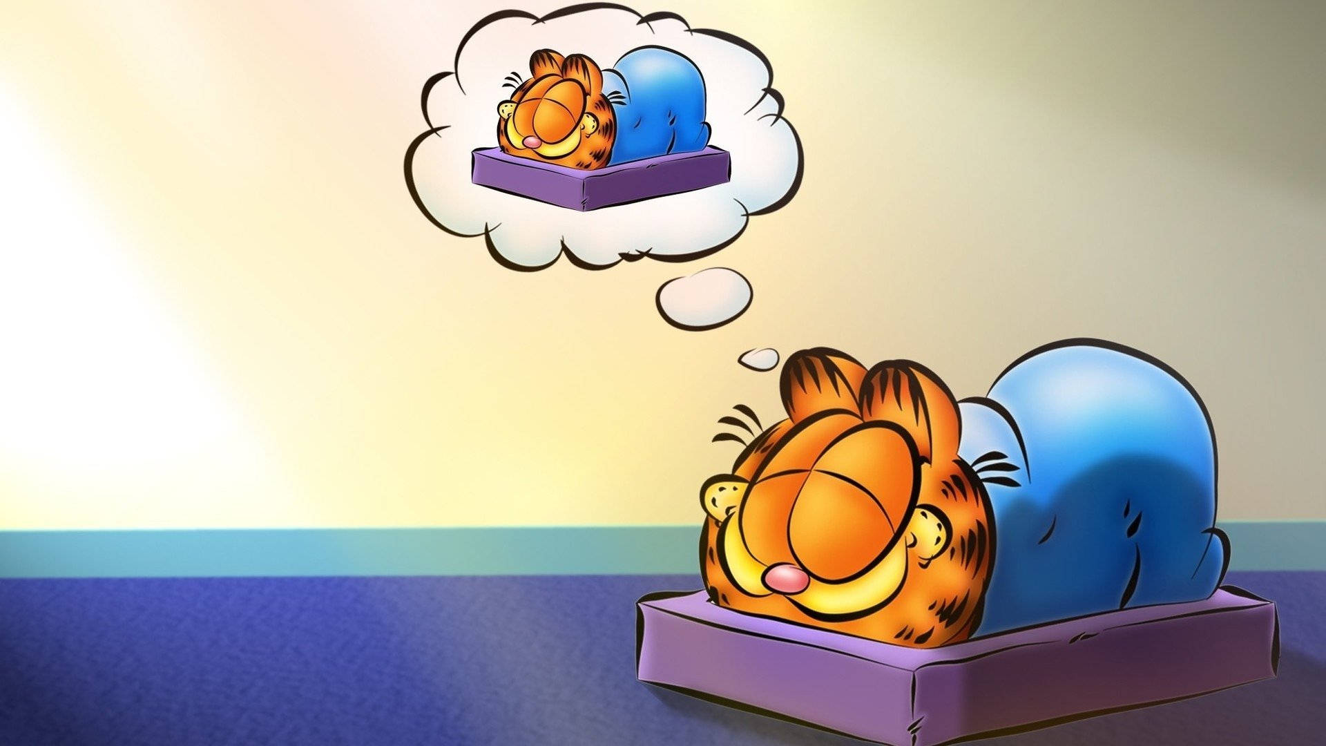 Garfield, purple pillow, blue cushion, Full HD Desktop Wallpaper