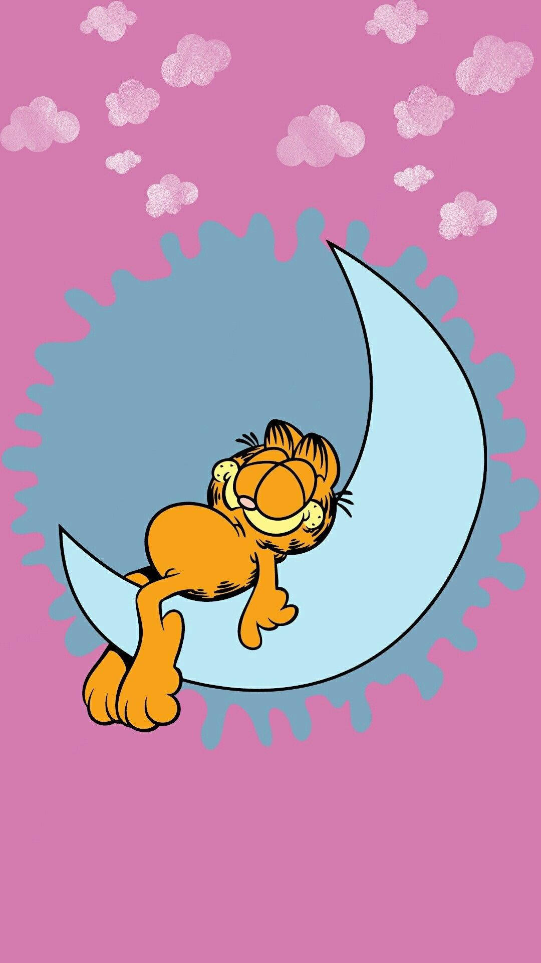 Garfield, orange cat, crescent moon, Full HD Phone Wallpaper