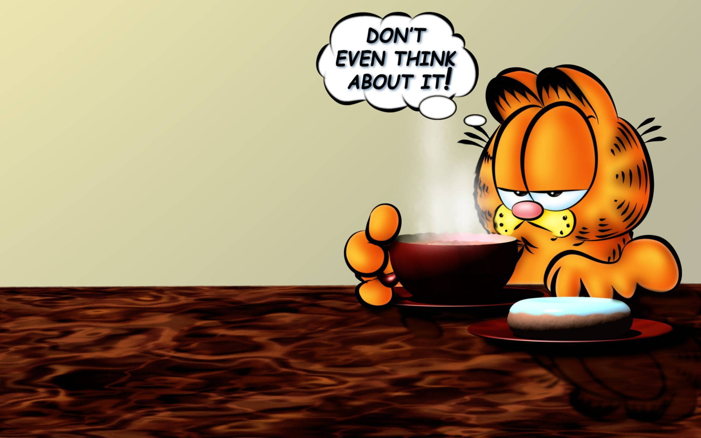 Garfield, wooden table, steaming soup, Full HD Desktop Wallpaper