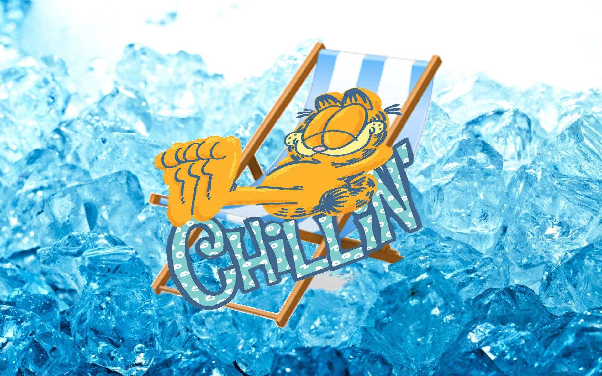 Garfield, striped beach chair, blue ice cubes, Full HD Desktop Wallpaper