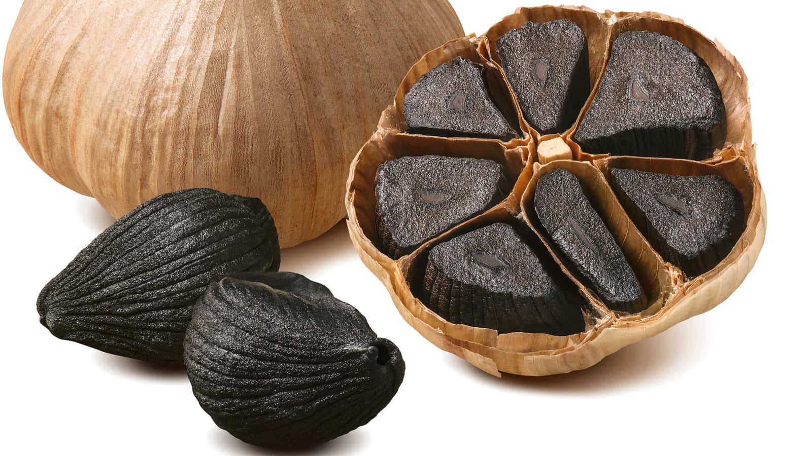 black garlic, whole garlic bulb, halved garlic bulb, HD Desktop Wallpaper