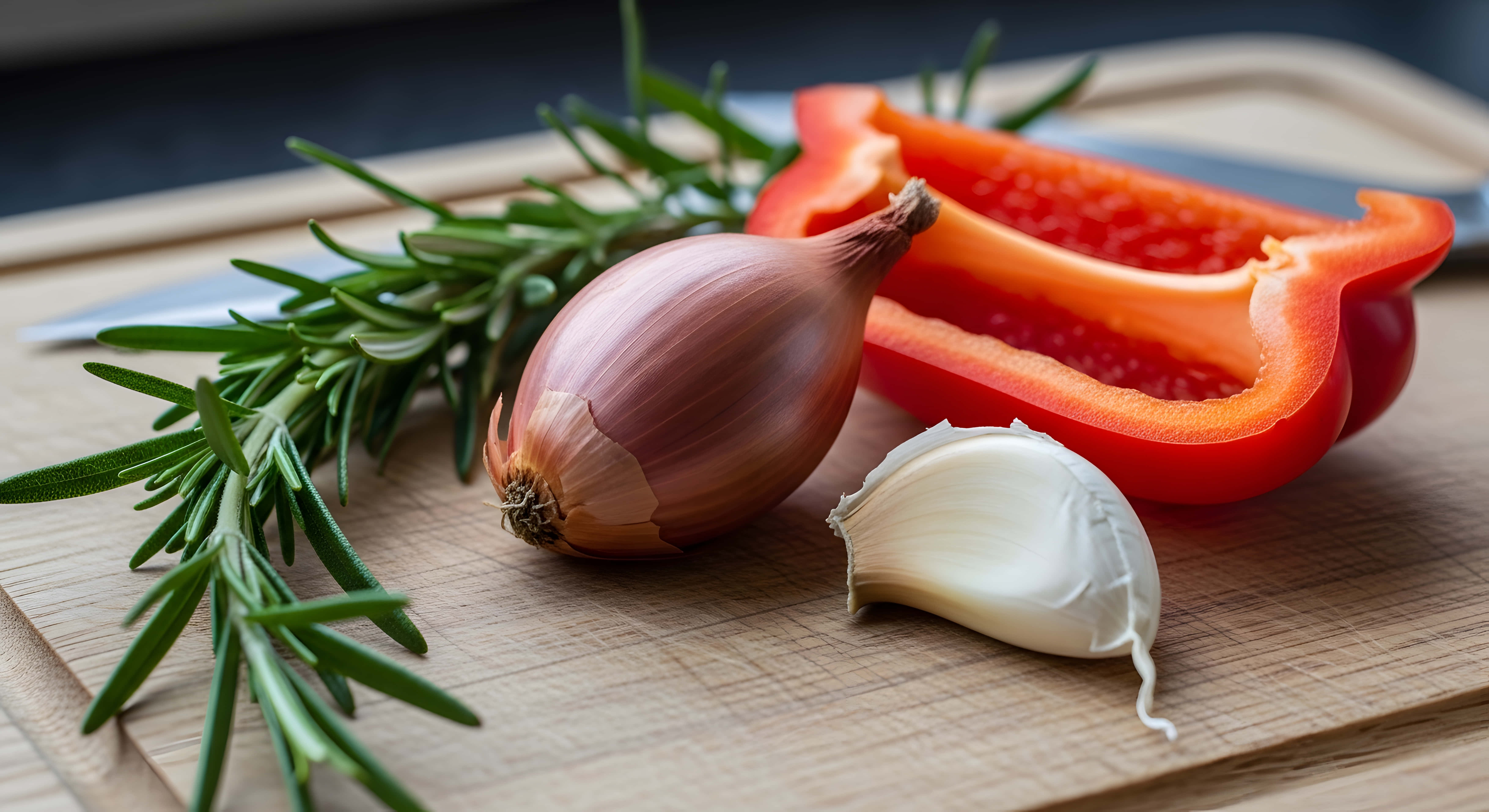 rosemary, shallot bulb, red bell pepper, 5K Desktop Wallpaper