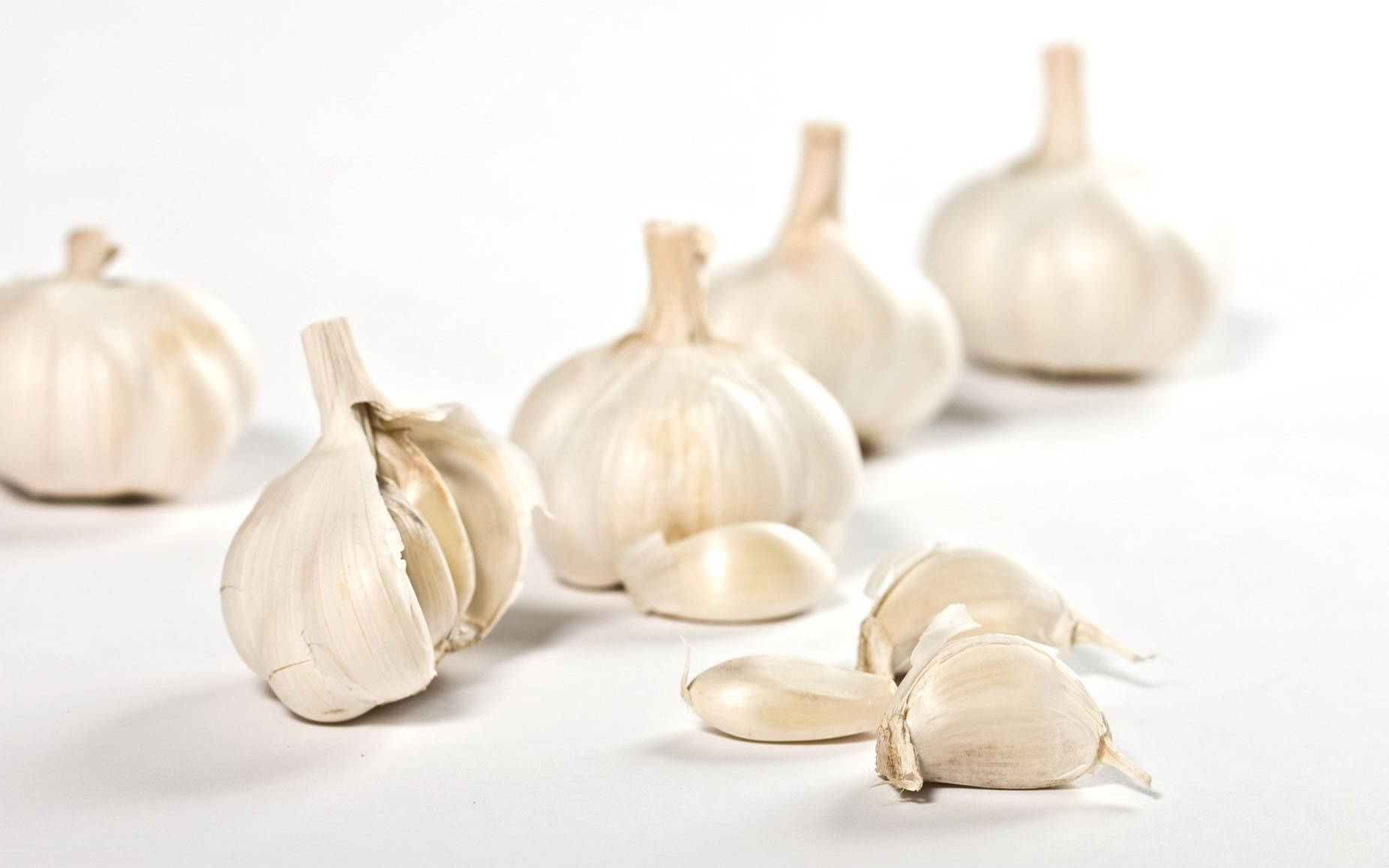 garlic, cloves, white surface, HD Desktop Wallpaper