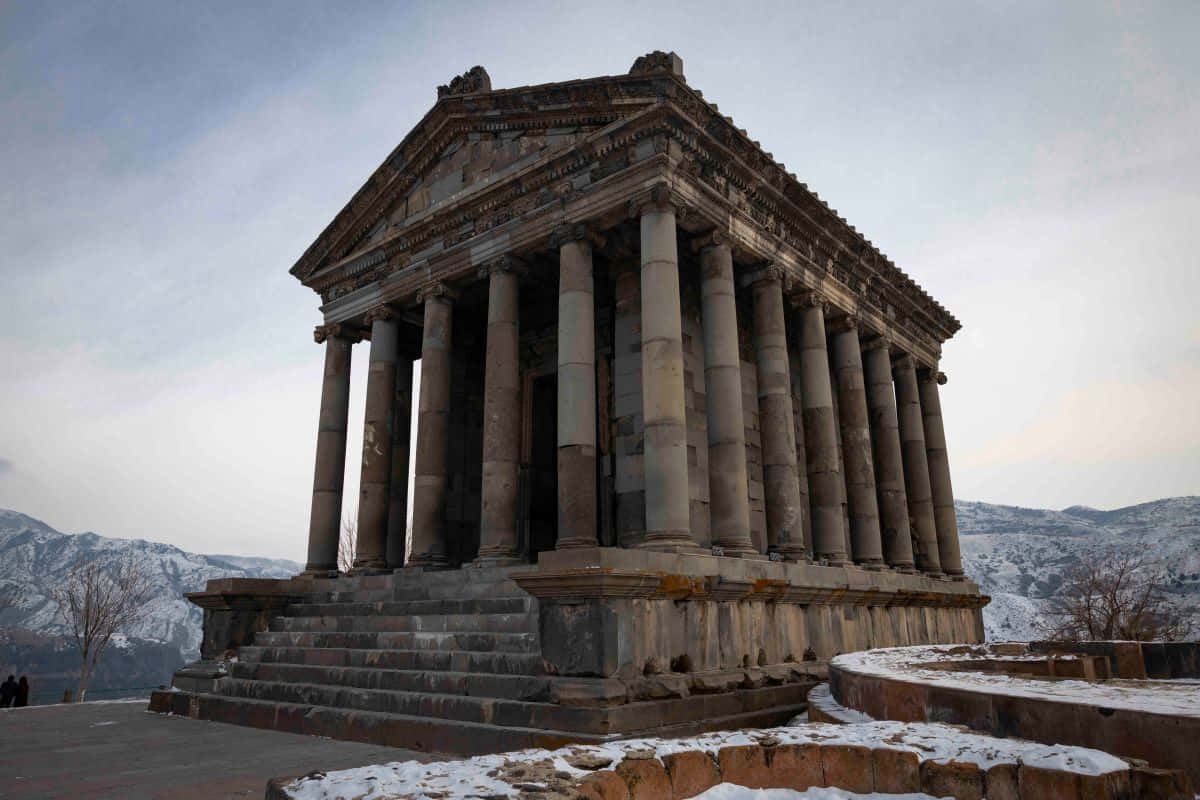 Garni Temple, snowy steps, snow-dusted mountains, SD Desktop Wallpaper