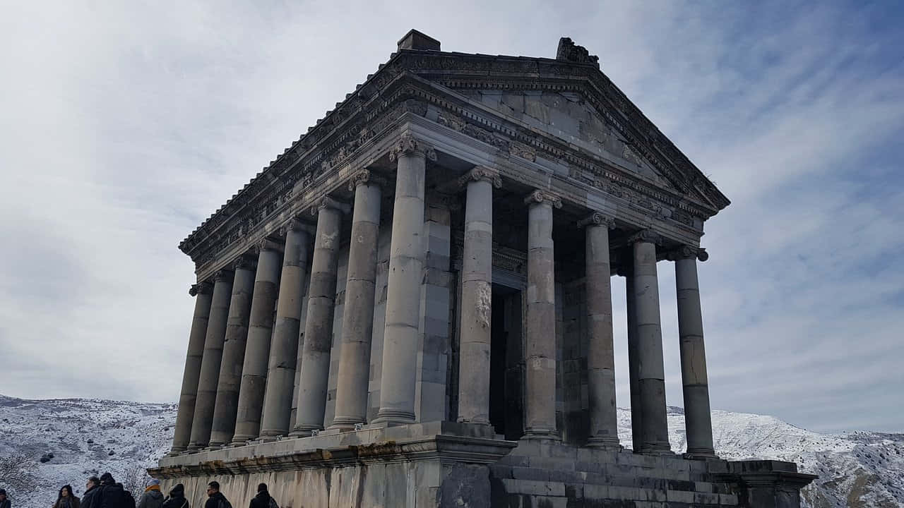 Garni Temple, snowy mountains, ancient stone temple, HD Desktop Wallpaper