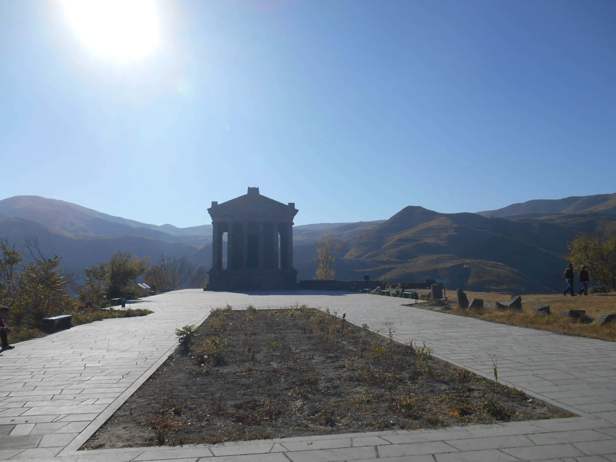 Garni Temple, sunlit hill, rolling mountains, Full HD Desktop Wallpaper
