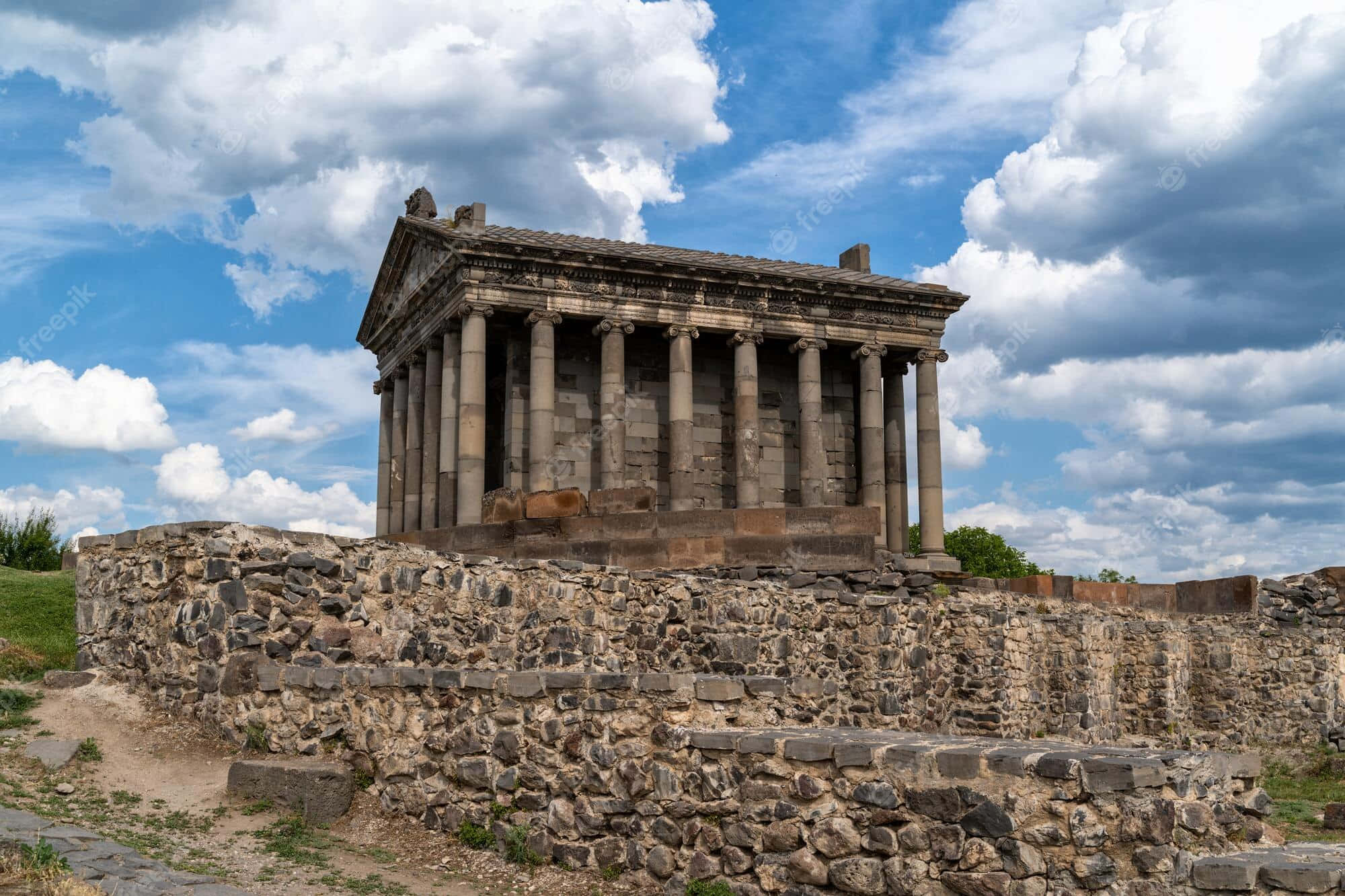 Garni Temple, rock wall, tall columns, Full HD Desktop Wallpaper
