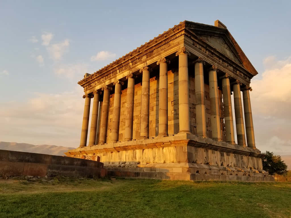 Garni Temple, orange-tinted clouds, golden sunset light, SD Desktop Wallpaper
