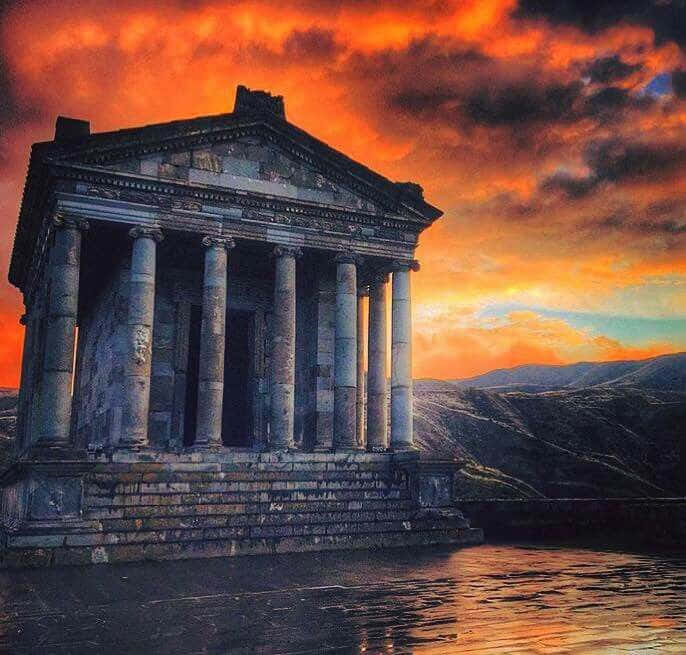 Garni Temple, orange clouds, fiery orange and red sunset sky, SD Desktop Wallpaper