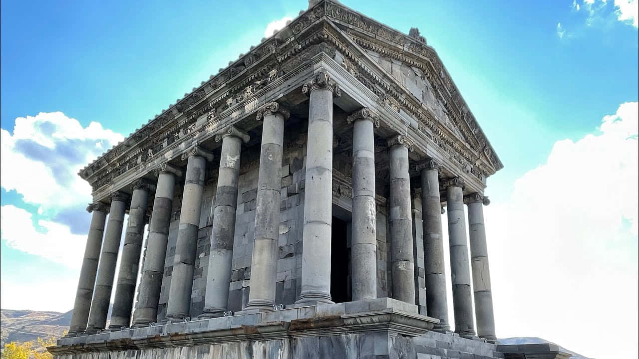 Garni Temple, bright blue sky, fluffy white clouds, HD Desktop Wallpaper