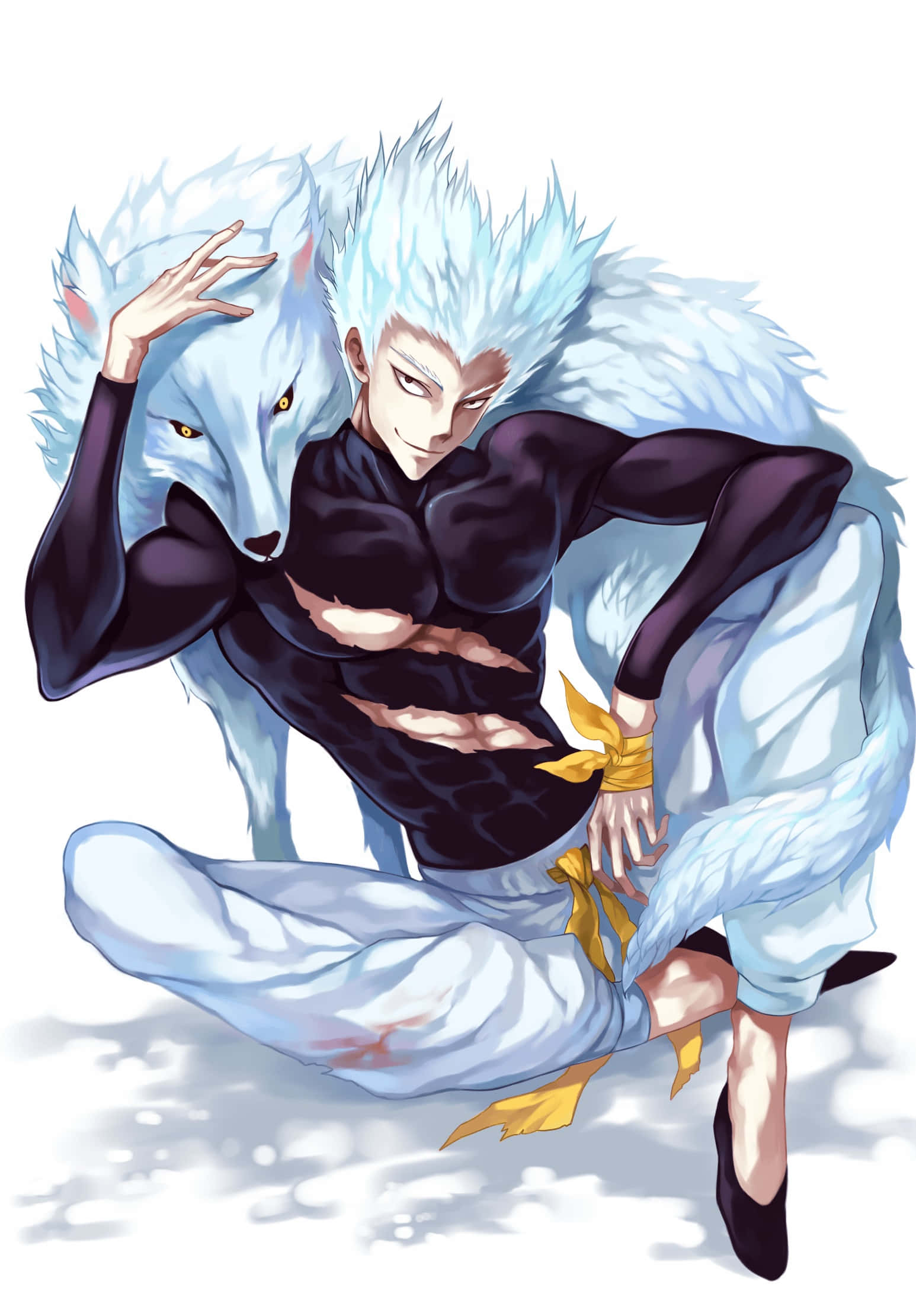 Garou, spiky-haired anime warrior, white wolf companion, Full HD Phone Wallpaper
