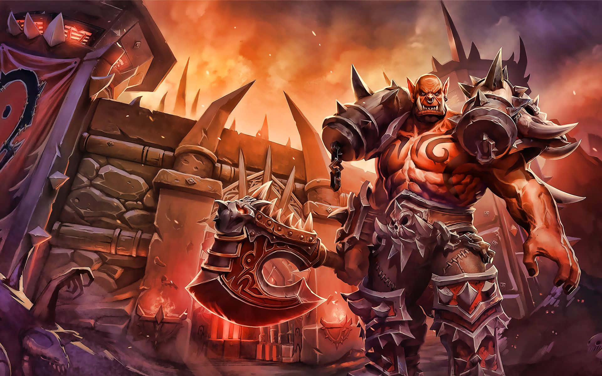 Garrosh Hellscream, spiked axe, fiery ruins, Full HD Desktop Wallpaper
