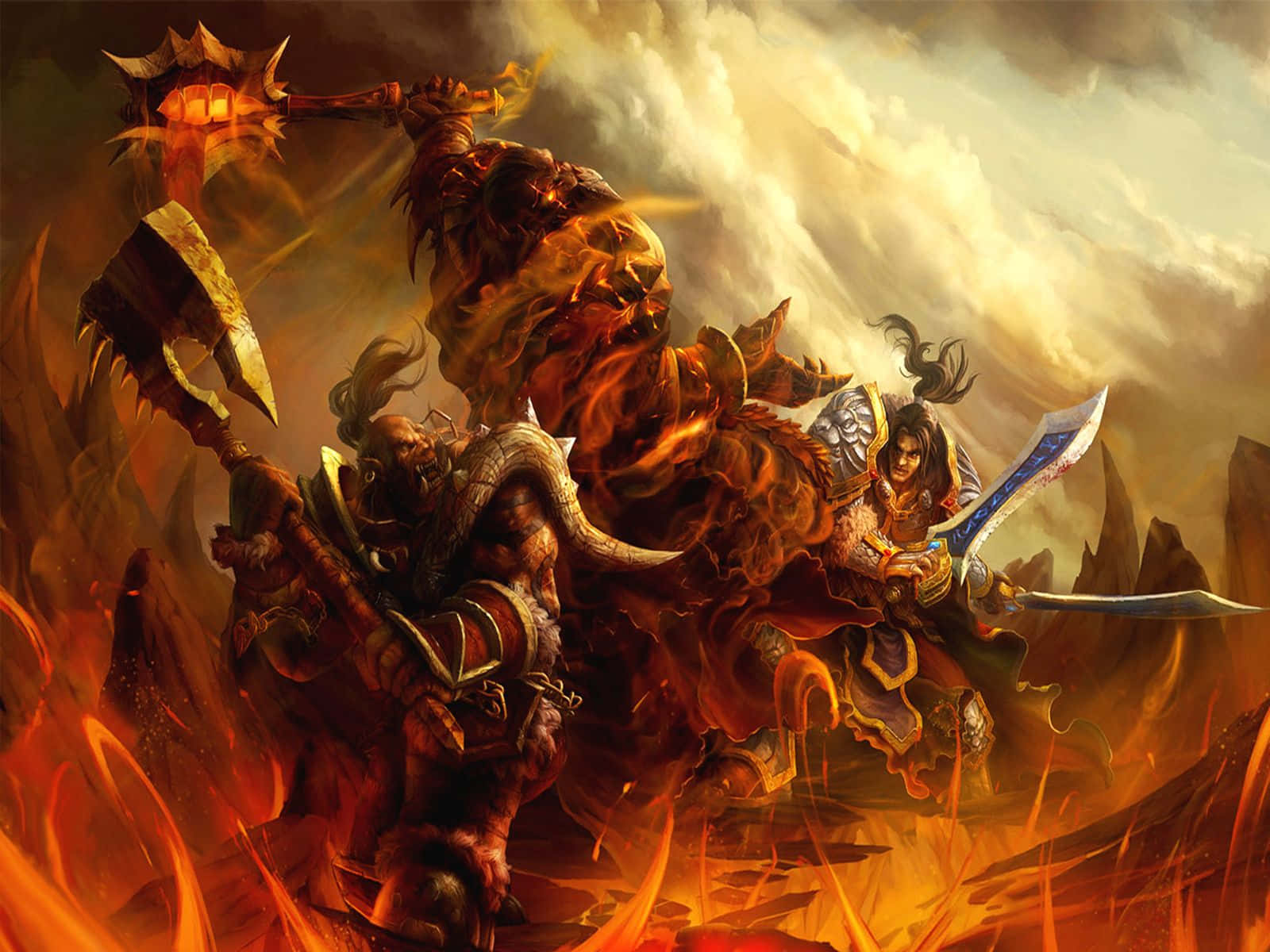 Garrosh Hellscream, fiery battlefield, stormy sky, HD Desktop Wallpaper
