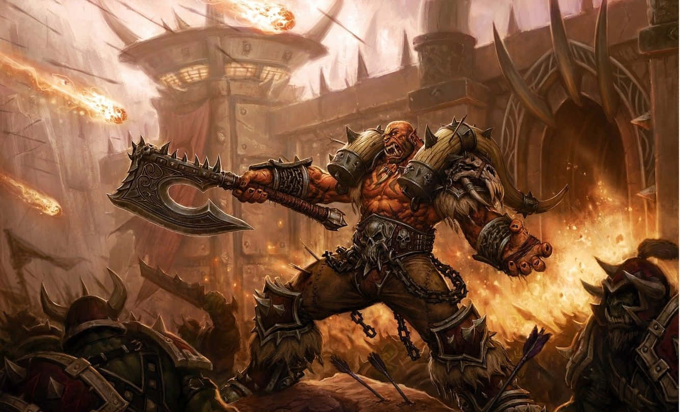 Garrosh Hellscream, spiked axe, crumbling fortress, HD Desktop Wallpaper