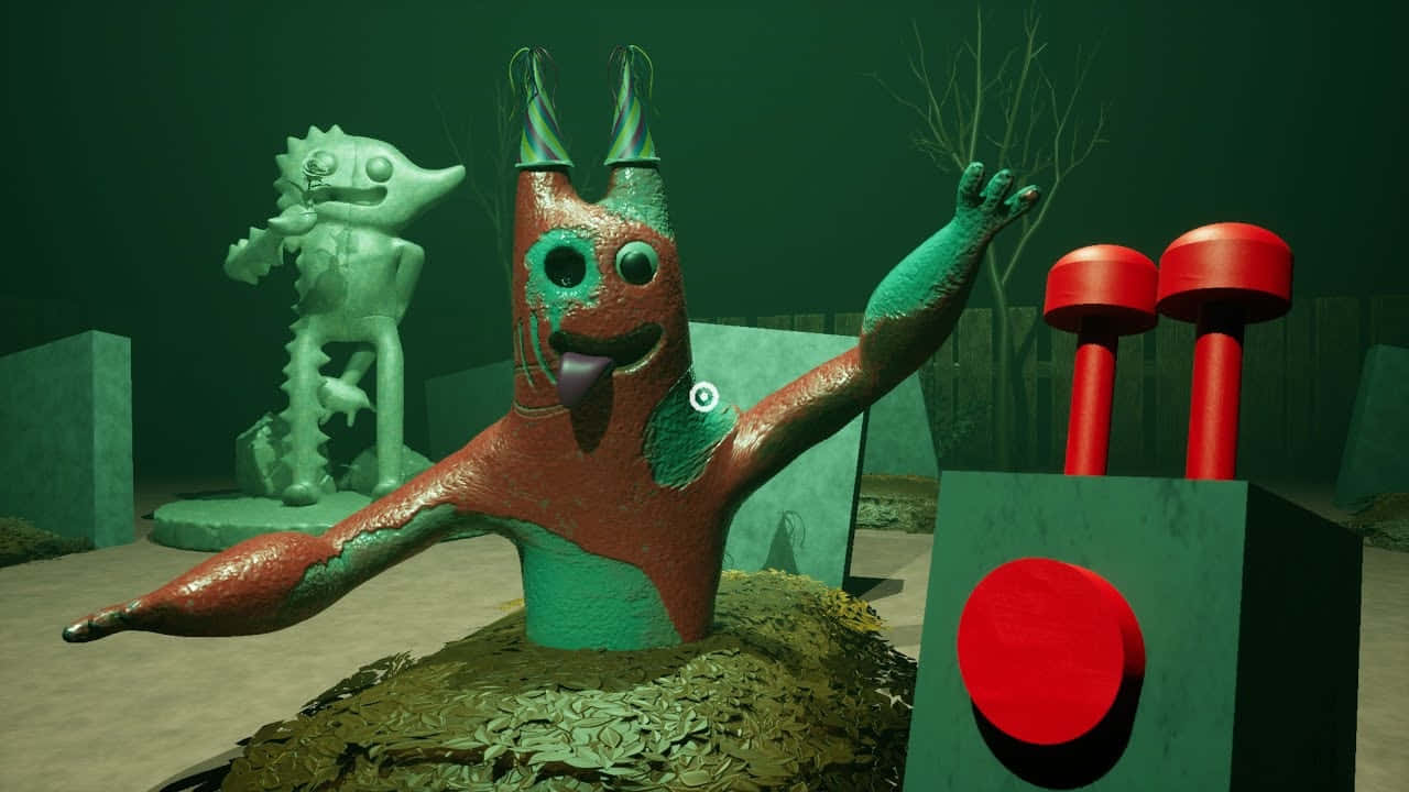 Garten Of Banban, red and green cartoonish creature, horns, HD Desktop Wallpaper