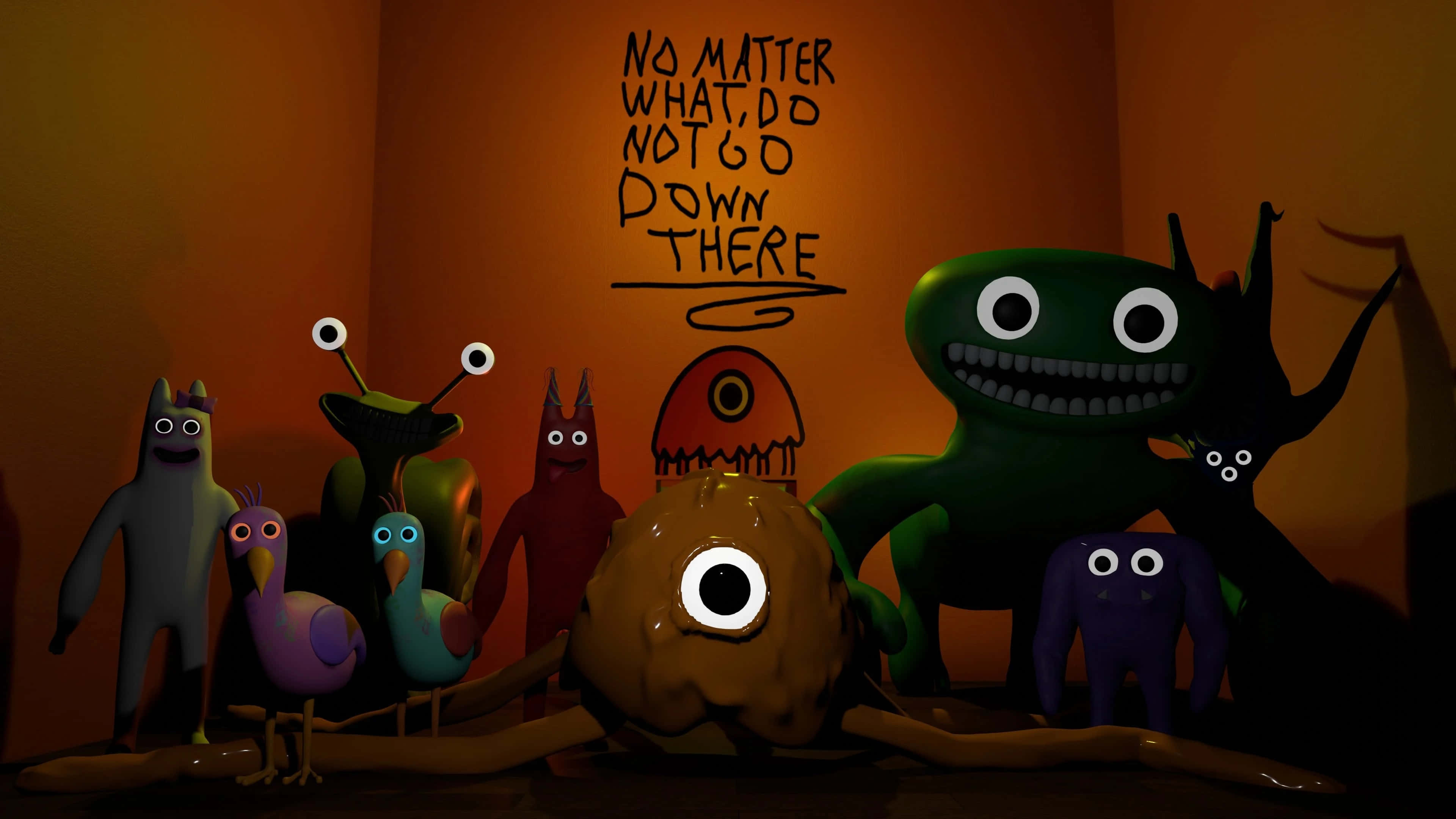Garten of Banban, colorful cartoon monsters, large eyes, 4K Desktop Wallpaper