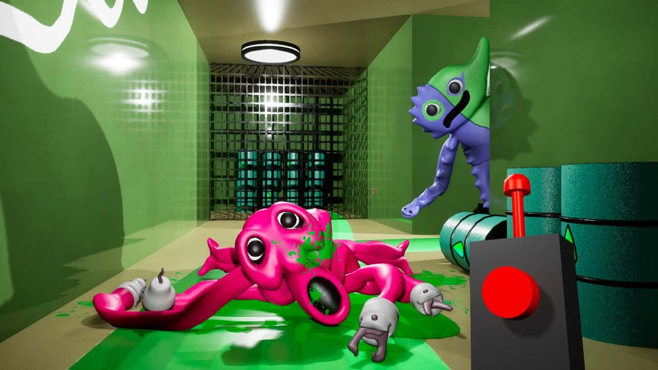 Garten Of Banban, pink octopus-like creature, green floor, HD Desktop Wallpaper