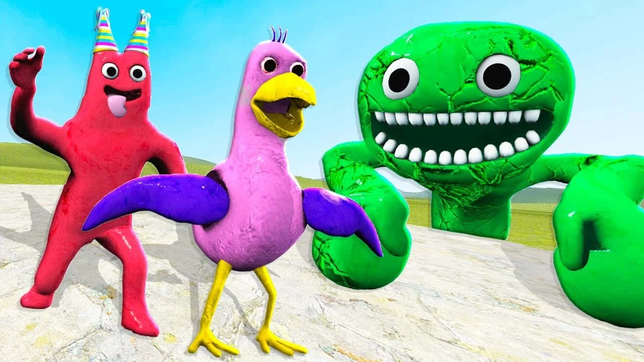 Garten of Banban, red one with party hat, pink bird, HD Desktop Wallpaper