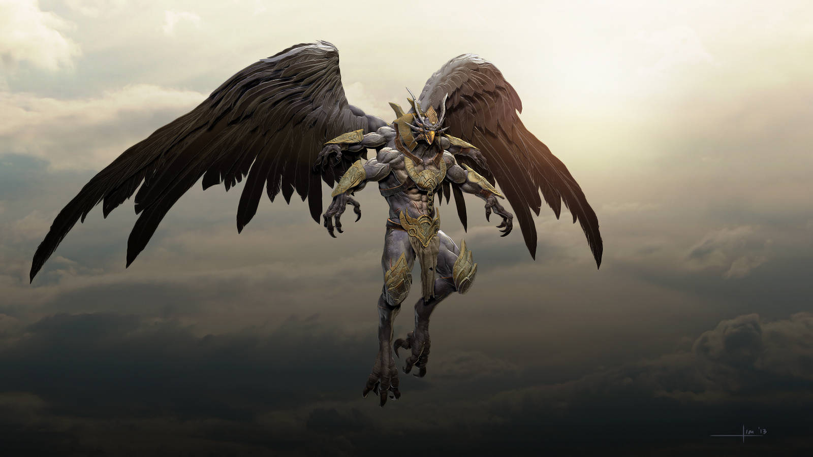 Garuda, golden armor, stormy sky, HD Desktop Wallpaper