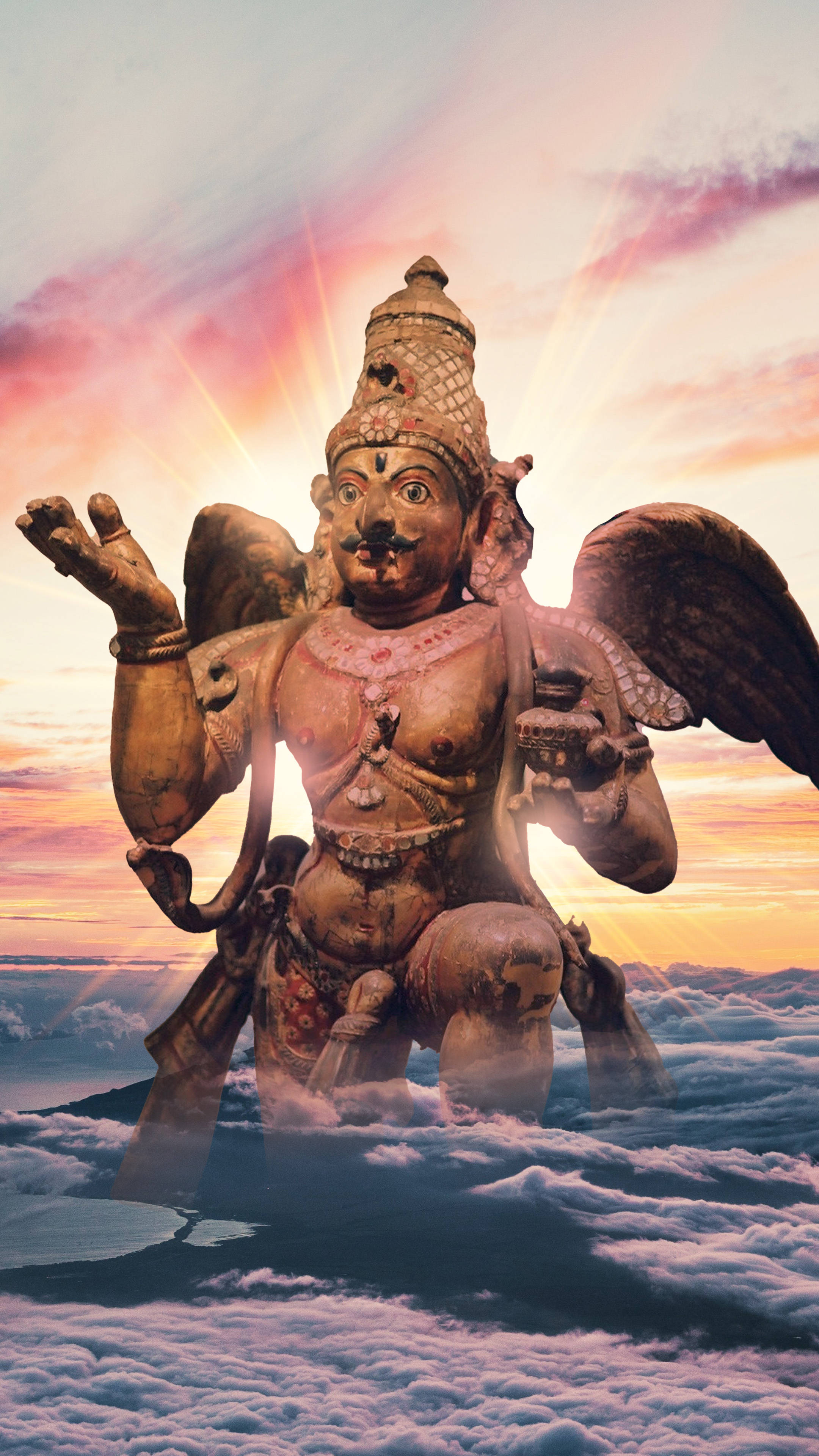 Ocean Garuda, winged deity statue, fluffy clouds, 4K Phone Wallpaper