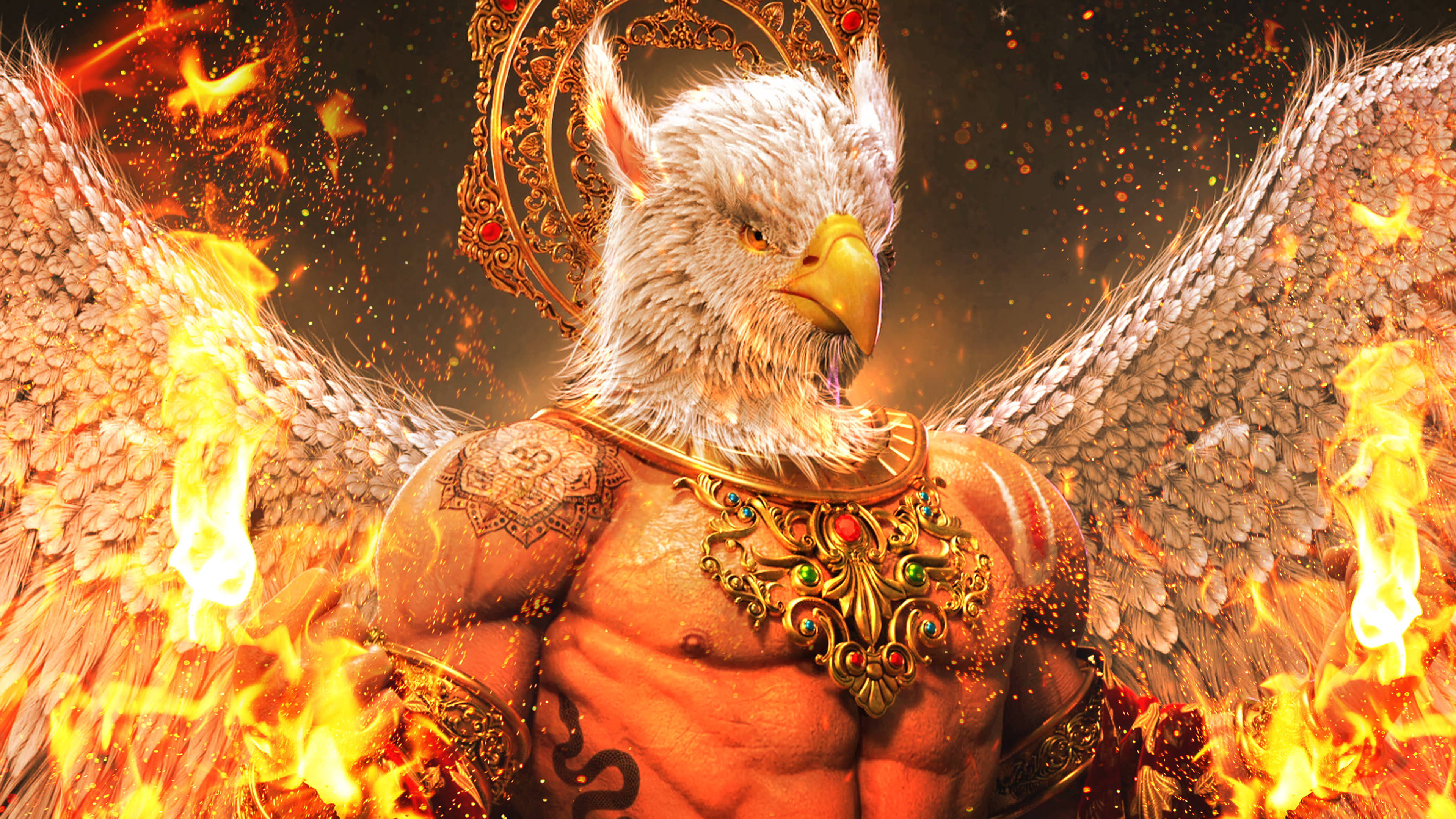 Garuda, eagle-headed deity, golden wings, 4K Desktop Wallpaper