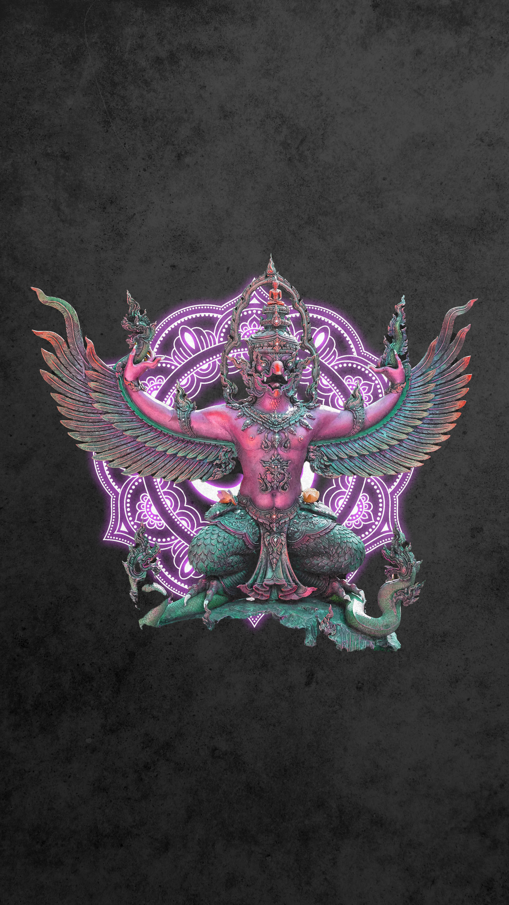 Garuda, purple mandala, pink and green winged deity, 4K Phone Wallpaper