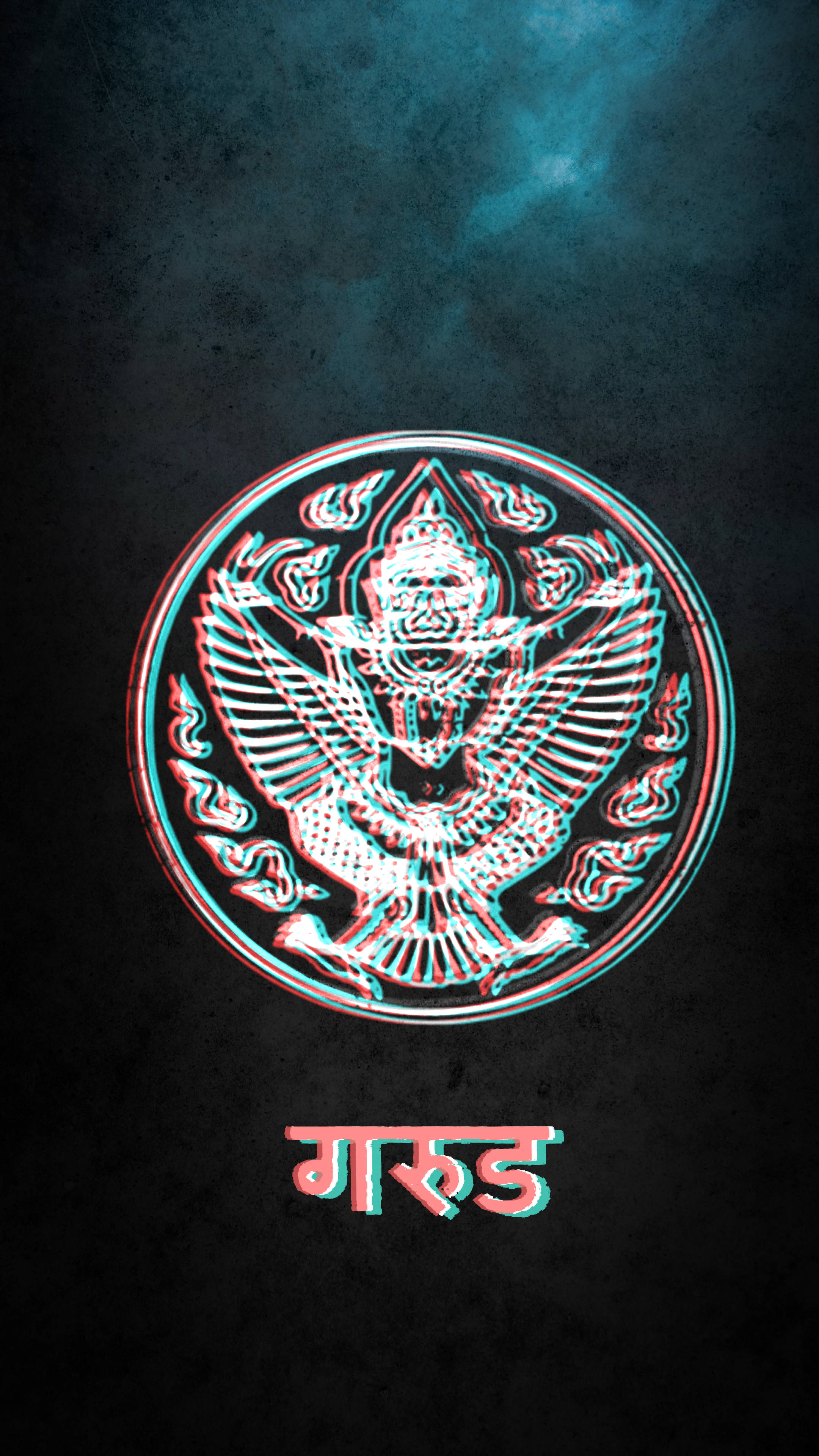 Garuda, red and cyan anaglyph effect, glowing 3D-rendered, 4K Phone Wallpaper