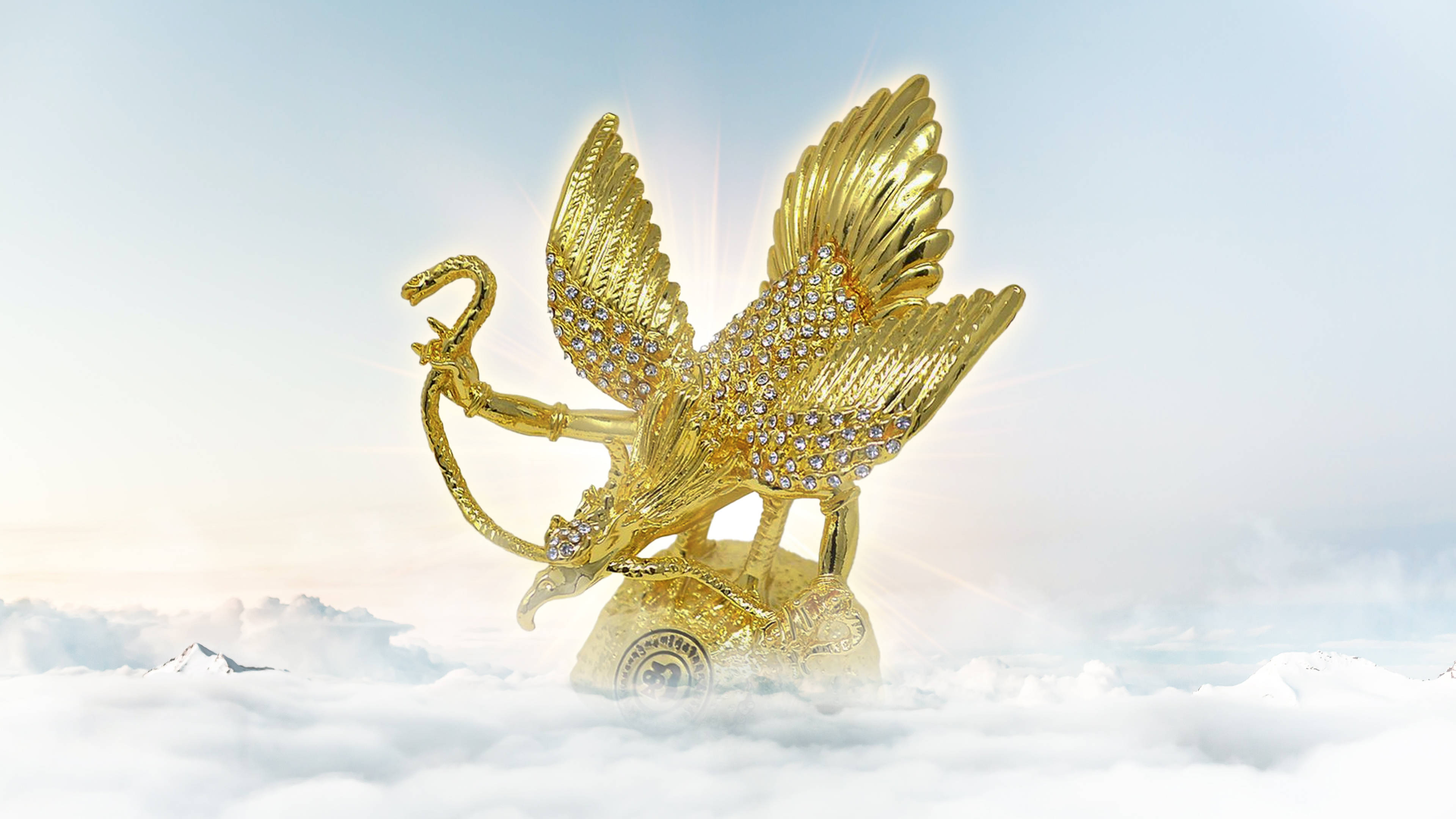 Cloudy Golden Garuda, golden griffin statue, diamonds, 4K Desktop Wallpaper